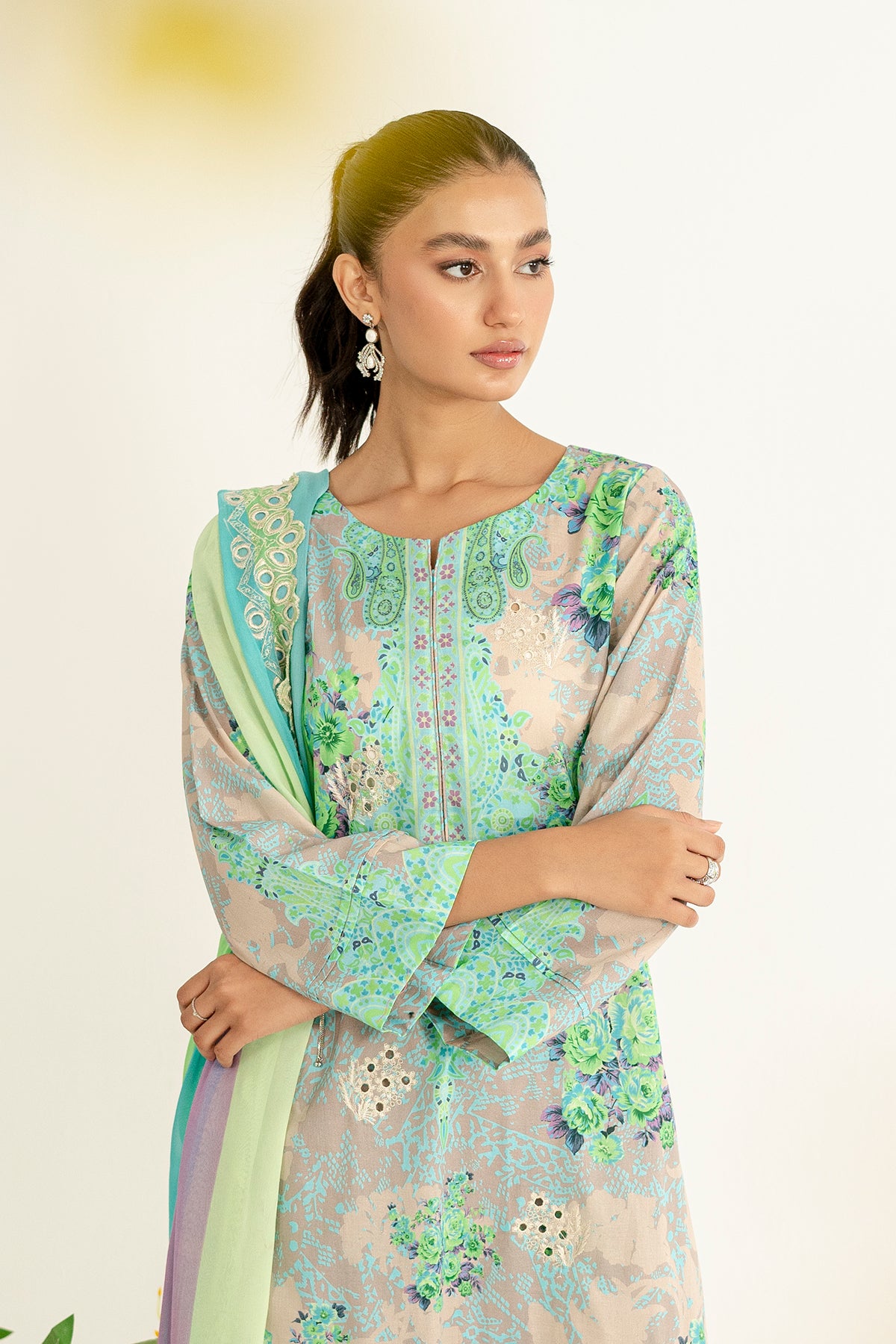 3-Pc Unstitched Printed Embroidered Lawn Suit With Chiffon Dupatta CRB3-34