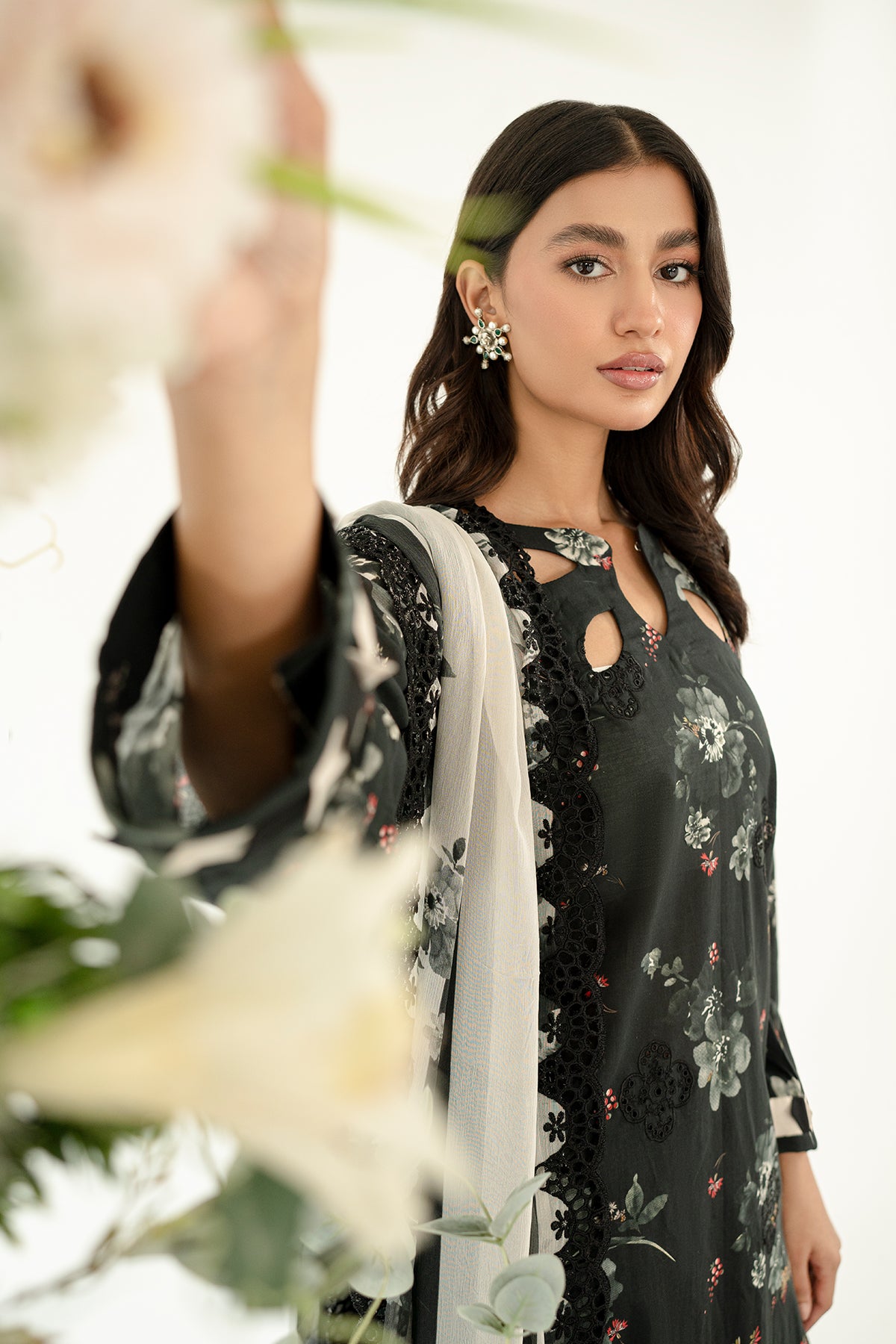 3-Pc Unstitched Printed Embroidered Lawn Suit With Chiffon Dupatta CRB3-25