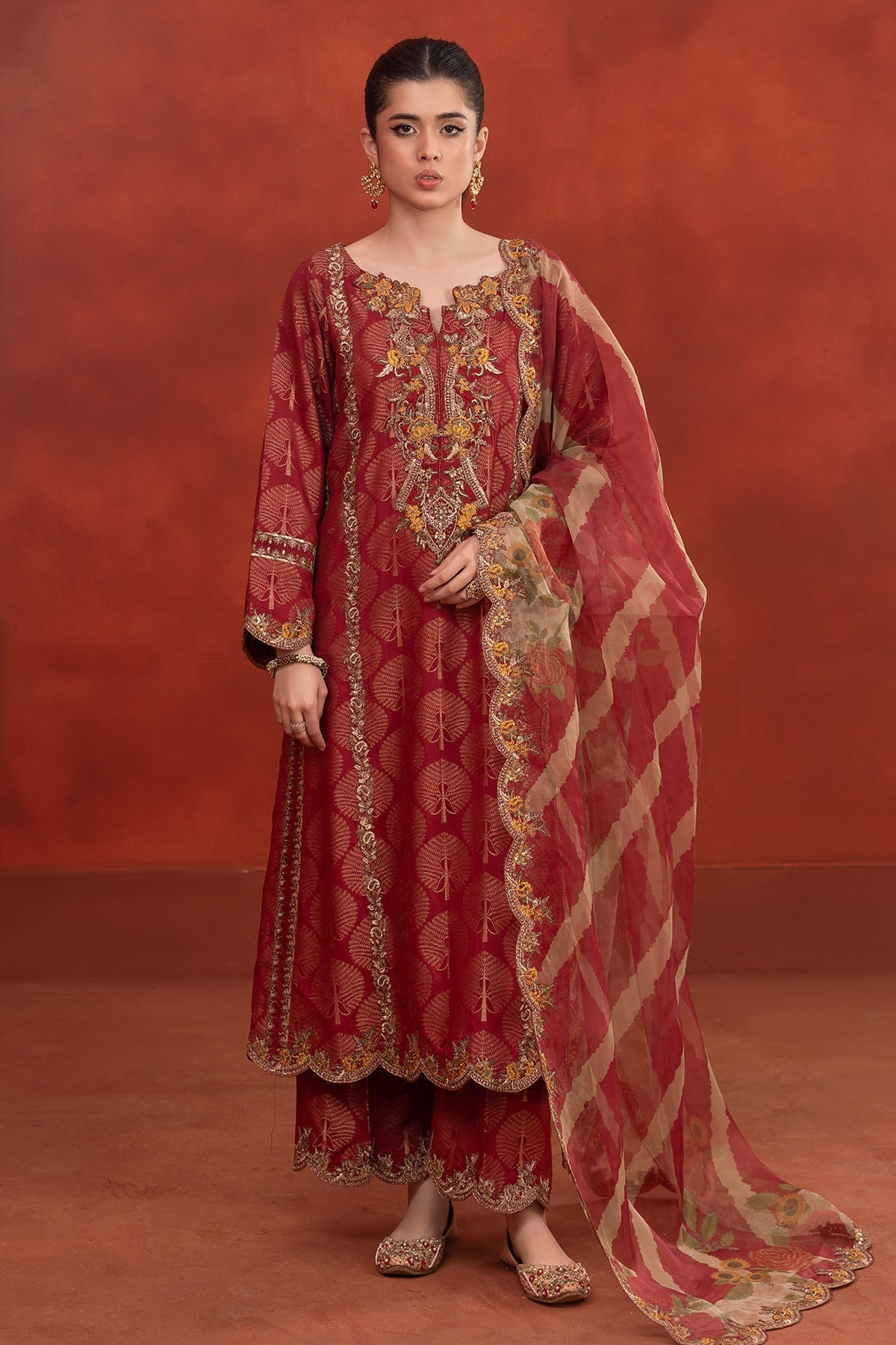 3-PC Embroidered Staple Jacquard Shirt with Organza Dupatta and Trouser CNP-3-253