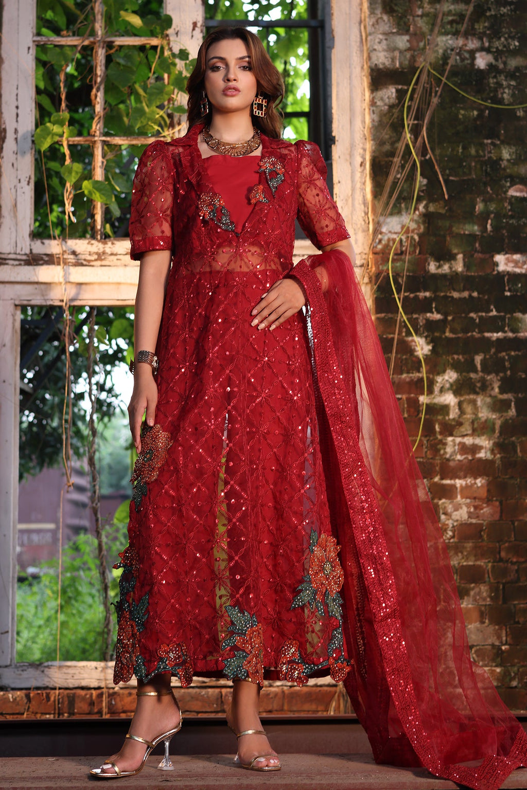 3-PC Embroidered Organza Shirt with Embroidered Net Dupatta and Trouser CMA-4-052 MEHROON