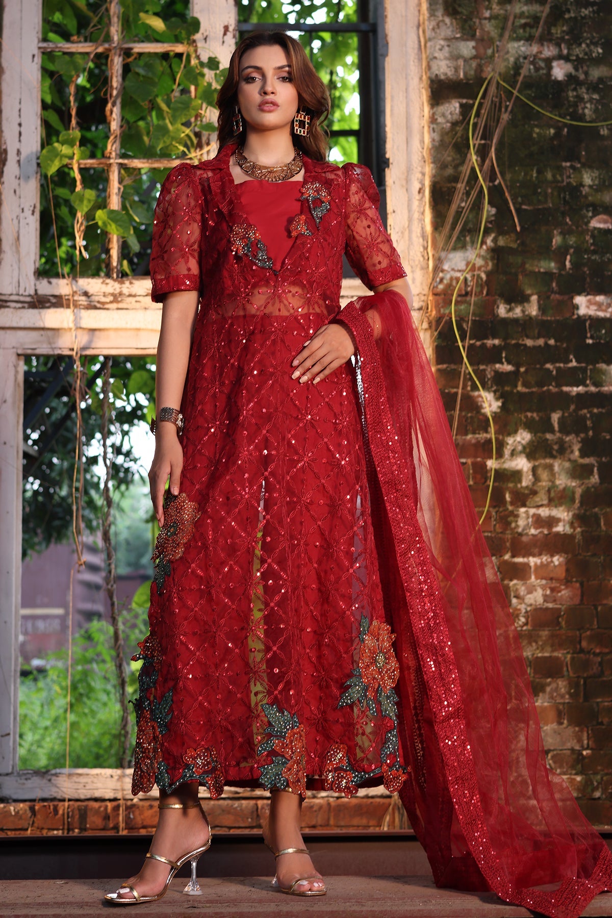 3-PC Embroidered Organza Shirt with Embroidered Net Dupatta and Trouser CMA-4-052 MEHROON