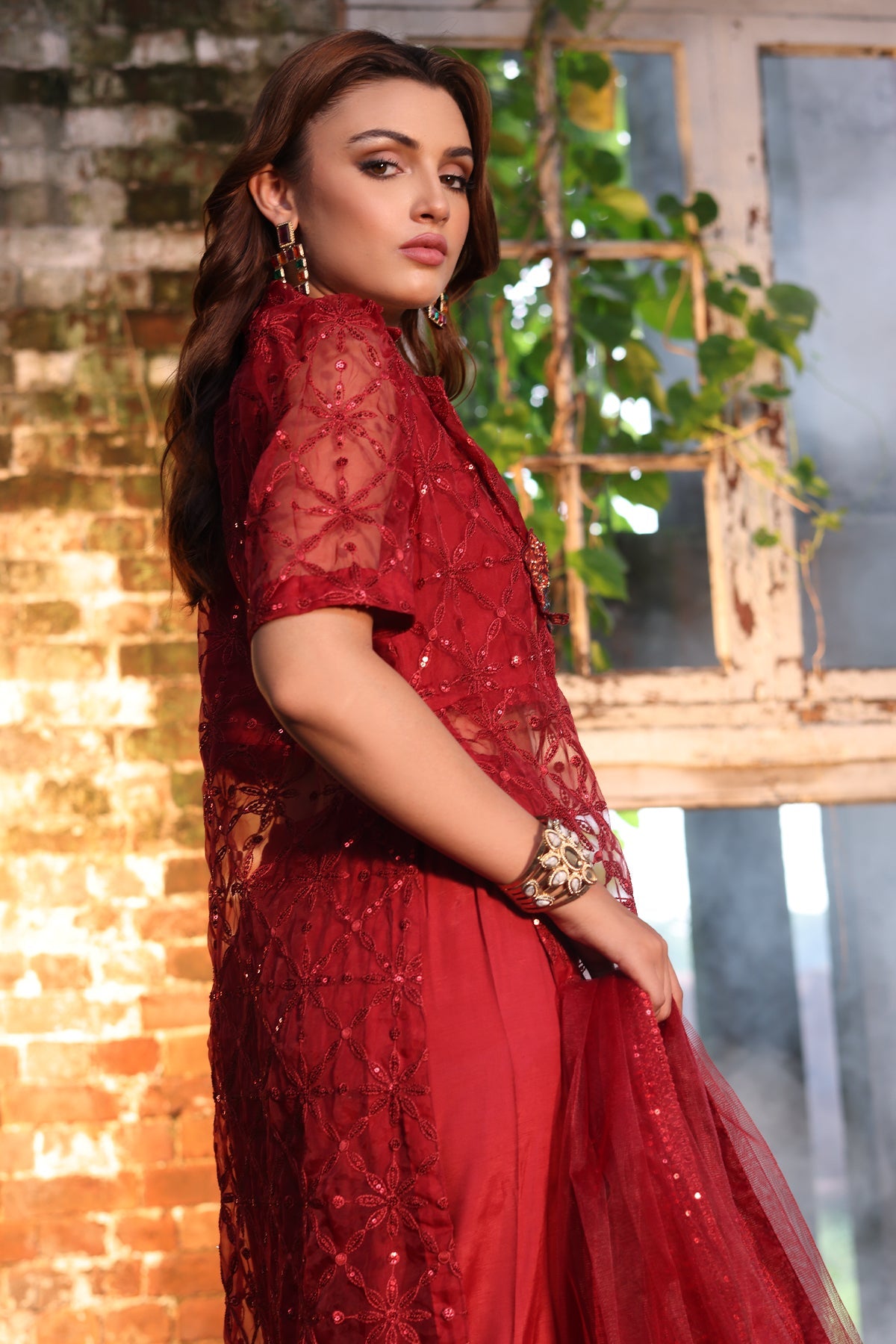 3-PC Embroidered Organza Shirt with Embroidered Net Dupatta and Trouser CMA-4-052 MEHROON