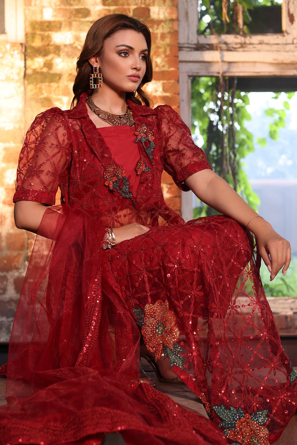 3-PC Embroidered Organza Shirt with Embroidered Net Dupatta and Trouser CMA-4-052 MEHROON