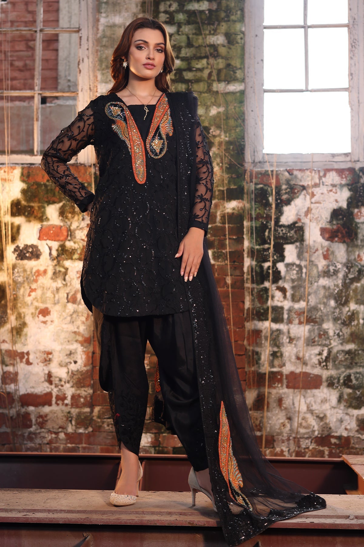 3-PC Embroidered Organza Shirt with Embroidered Net Dupatta and Trouser CMA-4-051 BLACK