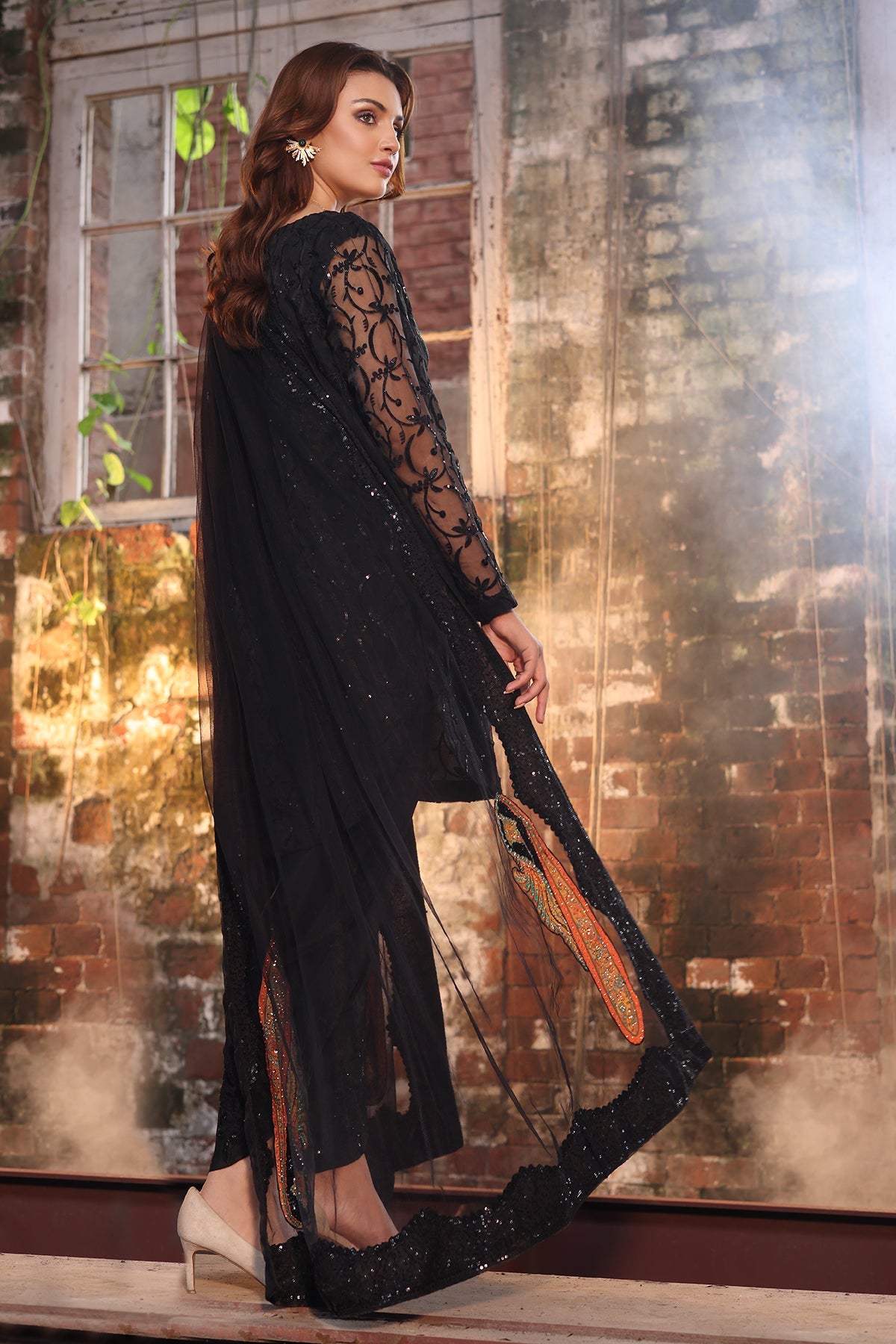 3-PC Embroidered Organza Shirt with Embroidered Net Dupatta and Trouser CMA-4-051 BLACK