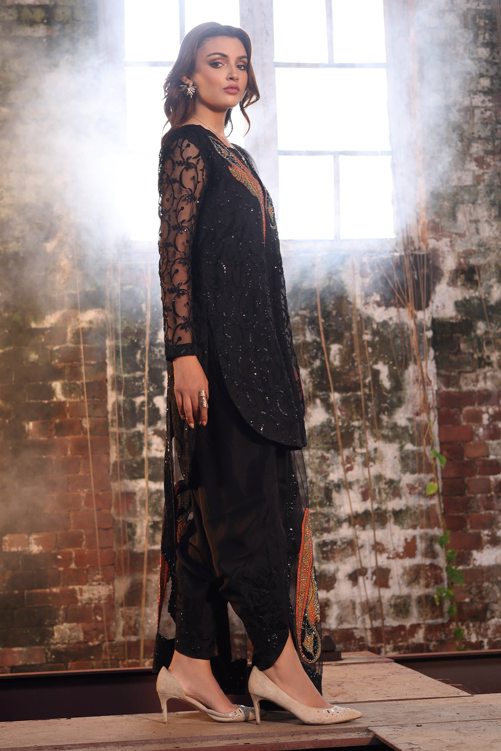 3-PC Embroidered Organza Shirt with Embroidered Net Dupatta and Trouser CMA-4-051 BLACK