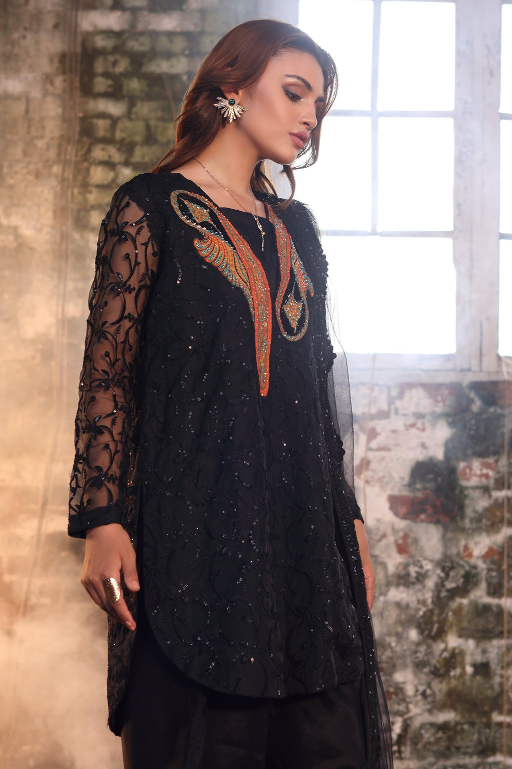 3-PC Embroidered Organza Shirt with Embroidered Net Dupatta and Trouser CMA-4-051 BLACK
