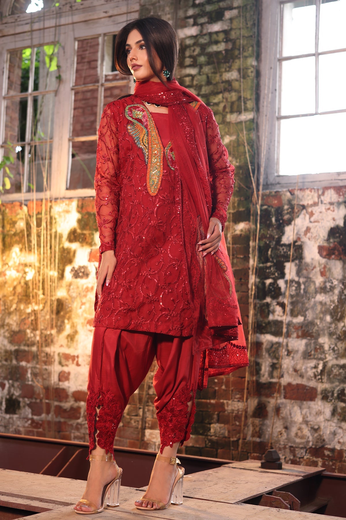 3-PC Embroidered Organza Shirt with Embroidered Net Dupatta and Trouser CMA-4-051 MEHROON