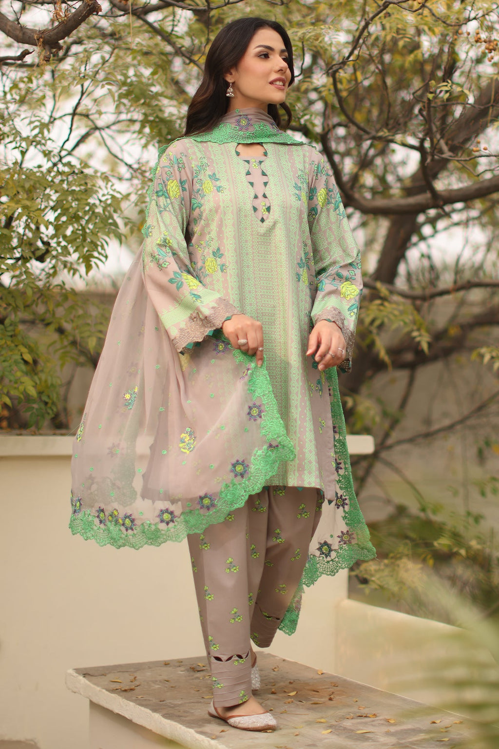 3-PC Printed Lawn Shirt with Embroidered Dyed Chiffon Dupatta and Trouser DSPM4-01
