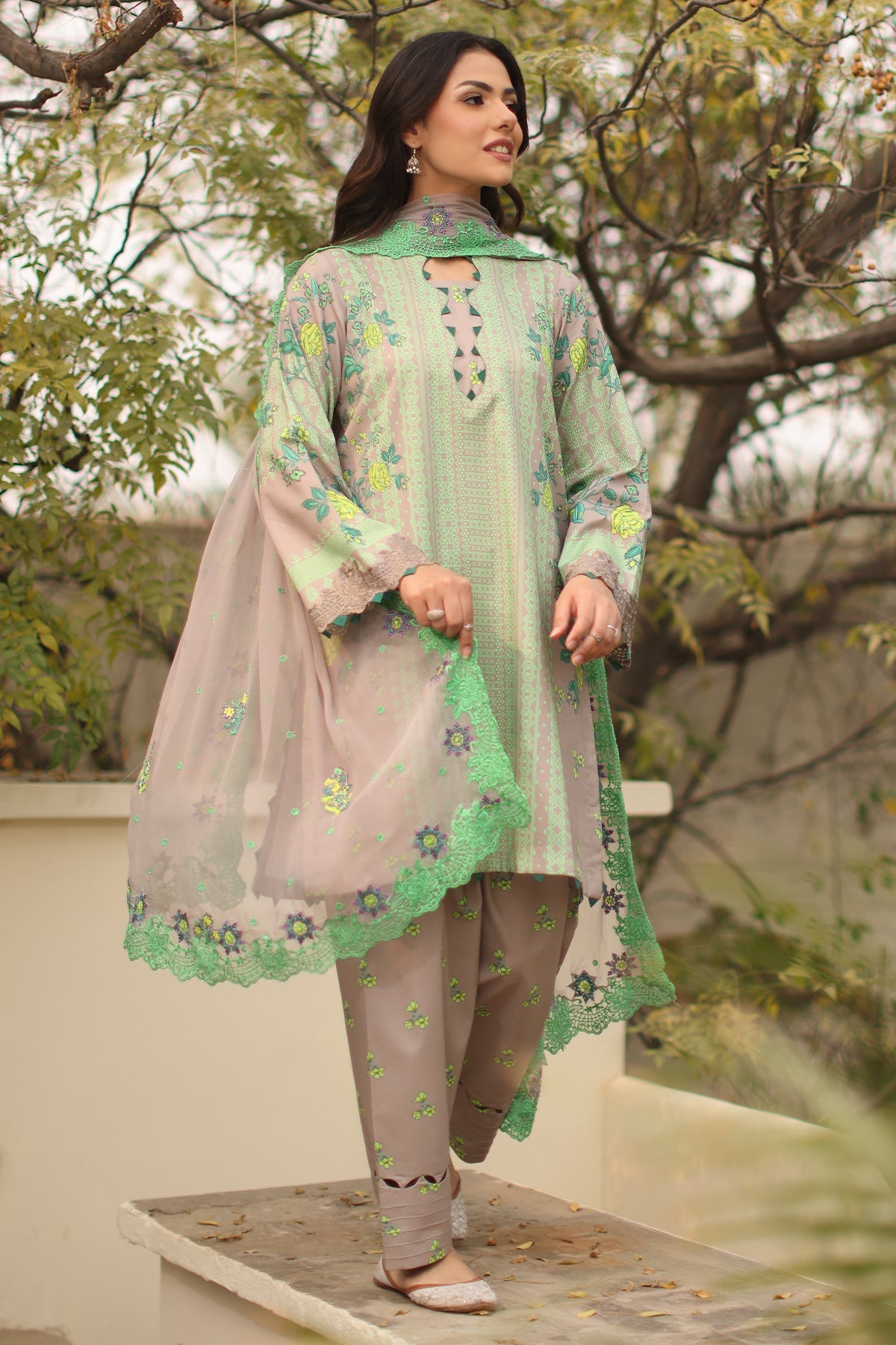 3-PC Printed Lawn Shirt with Embroidered Dyed Chiffon Dupatta and Trouser DSPM4-01