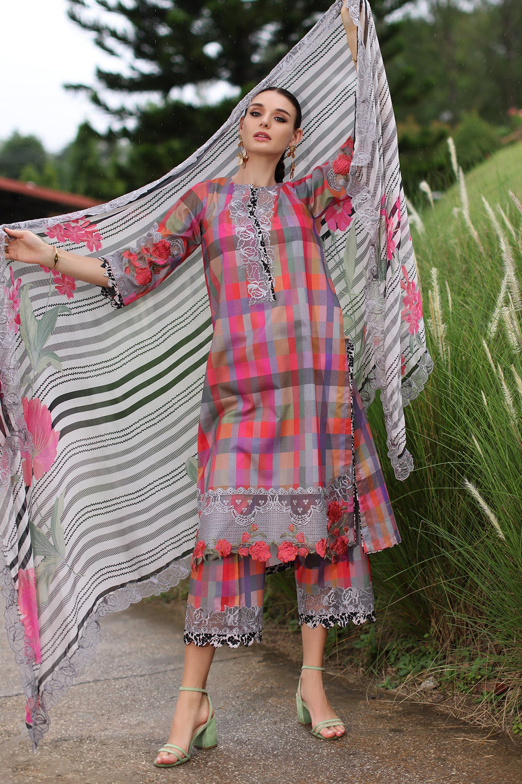 3-PC Embroidered Lawn Shirt with Embroidered Chiffon Dupatta and Trouser DSRB4-05