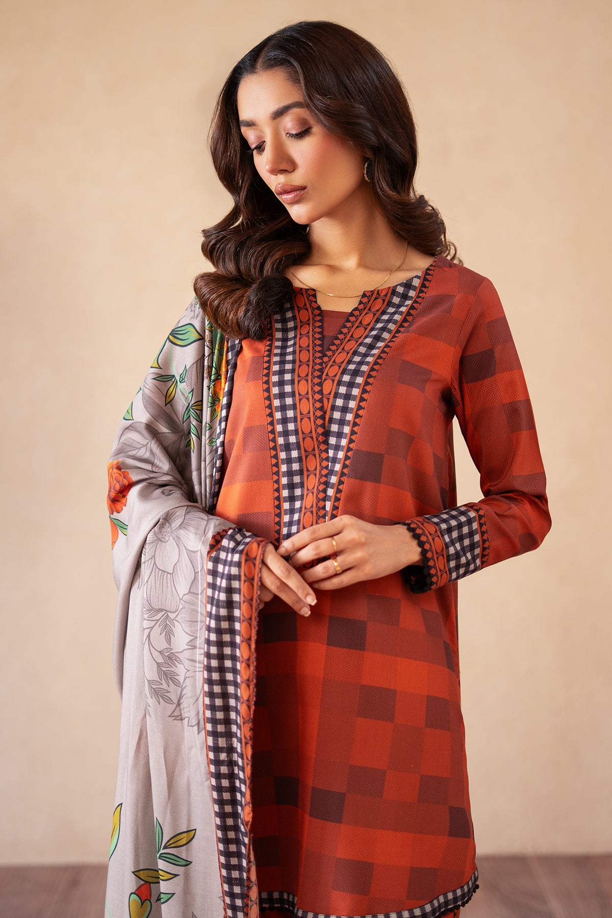 3-PC Printed Raw-Silk Shirt with Staple Shawl and Trouser CPM-4-S45A