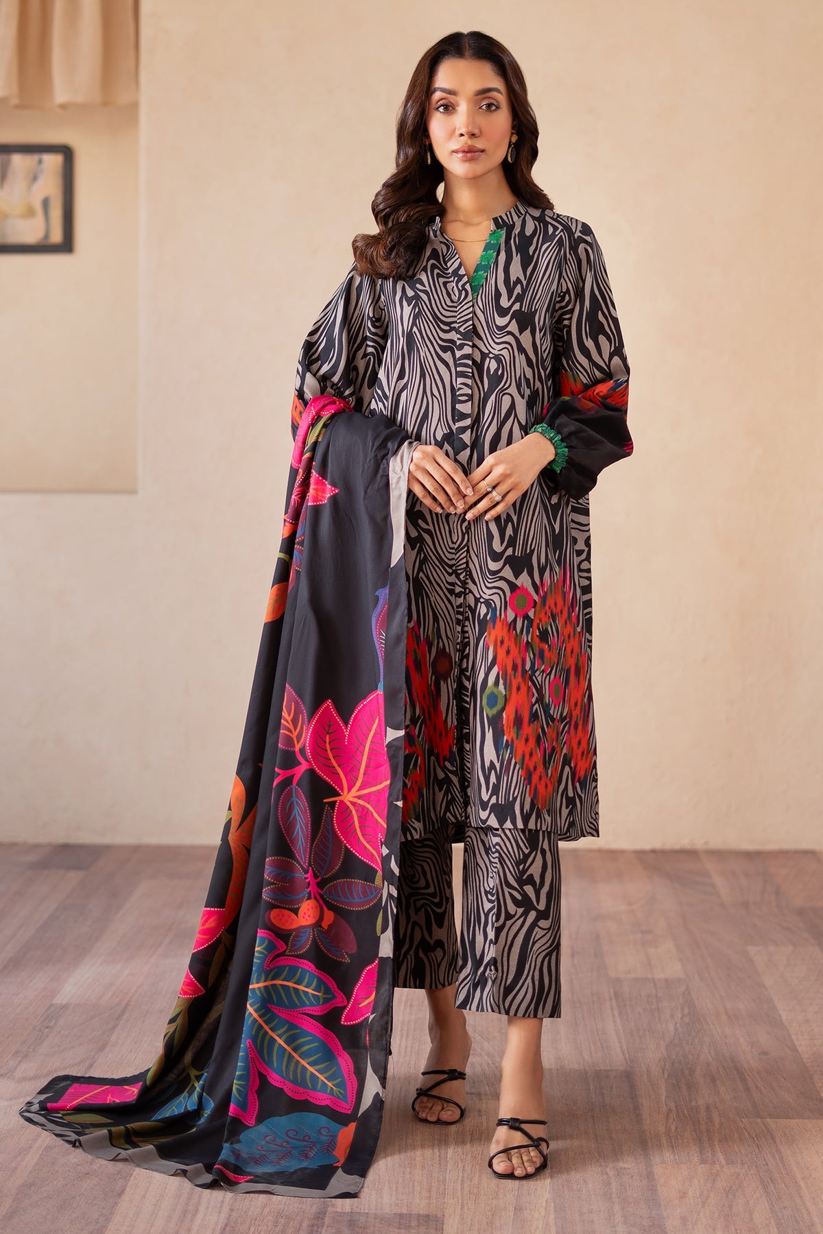 3-PC Printed Raw-Silk Shirt with Staple Dupatta and Trouser CPM-4-S49A