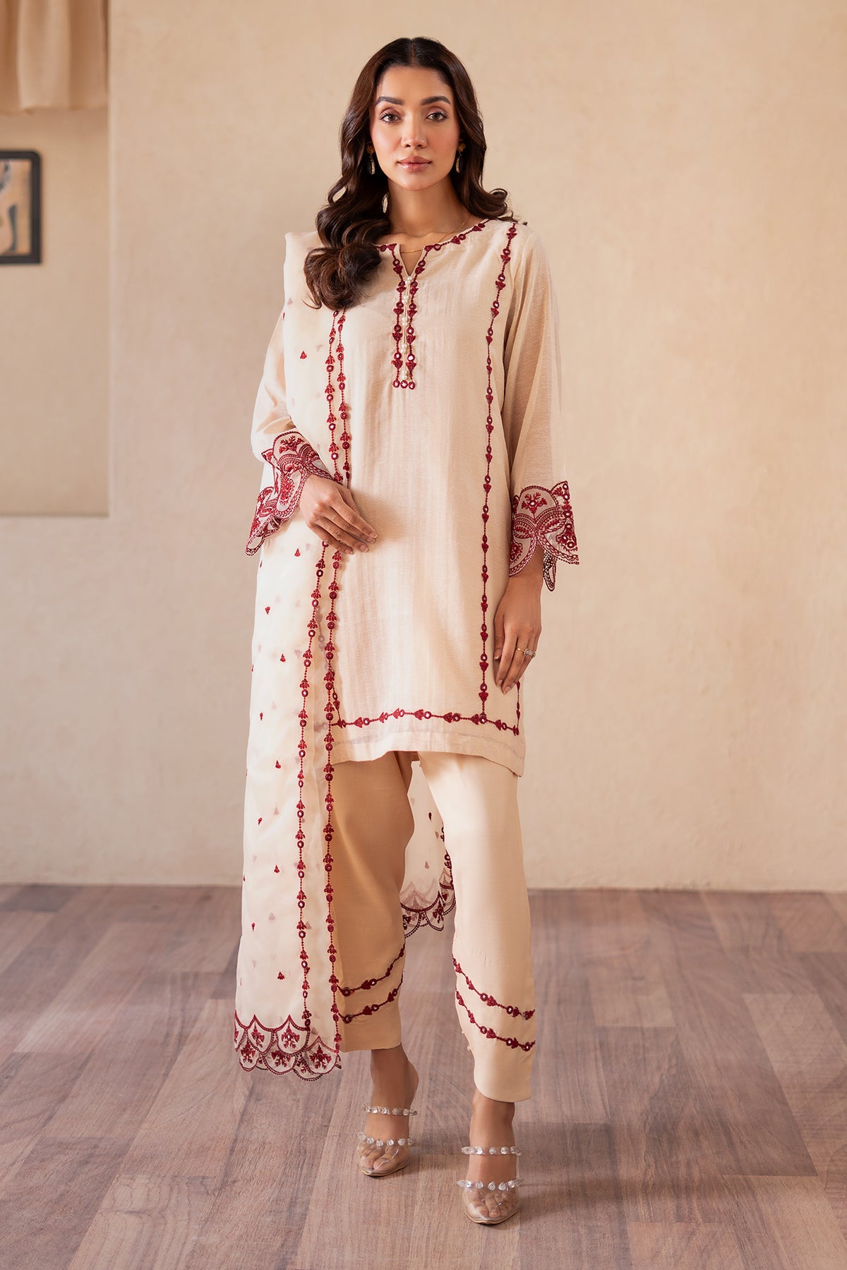 3-PC Embroidered Cotton Net Shirt with Organza Dupatta and Trouser CMA-4-S06