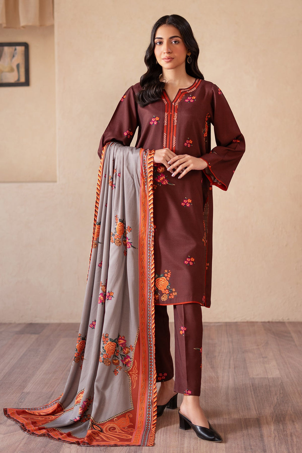 3-PC Printed Raw-Silk Shirt with Staple Shawl and Trouser CPM-4-S53A