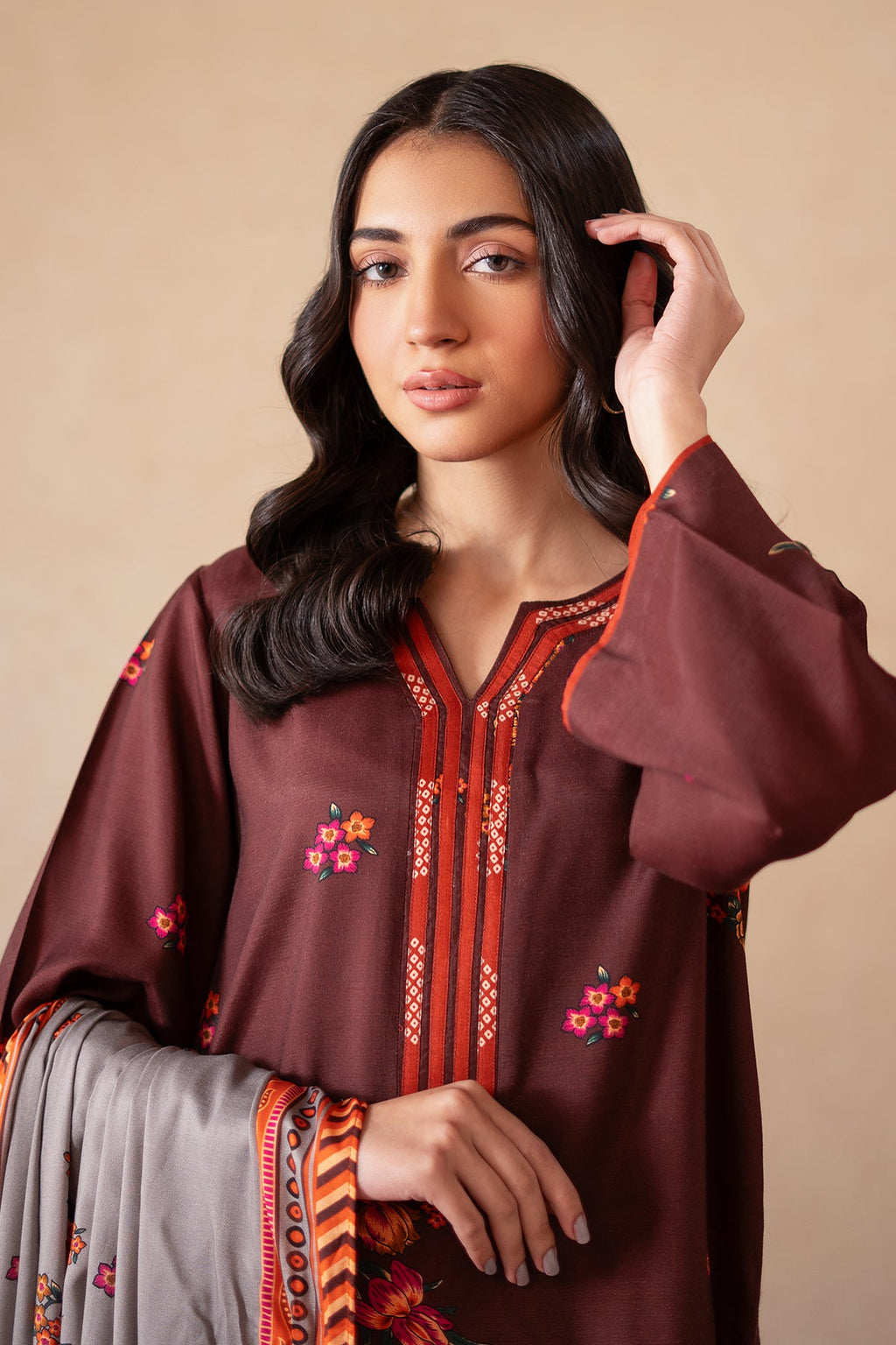 3-PC Printed Raw-Silk Shirt with Staple Shawl and Trouser CPM-4-S53A