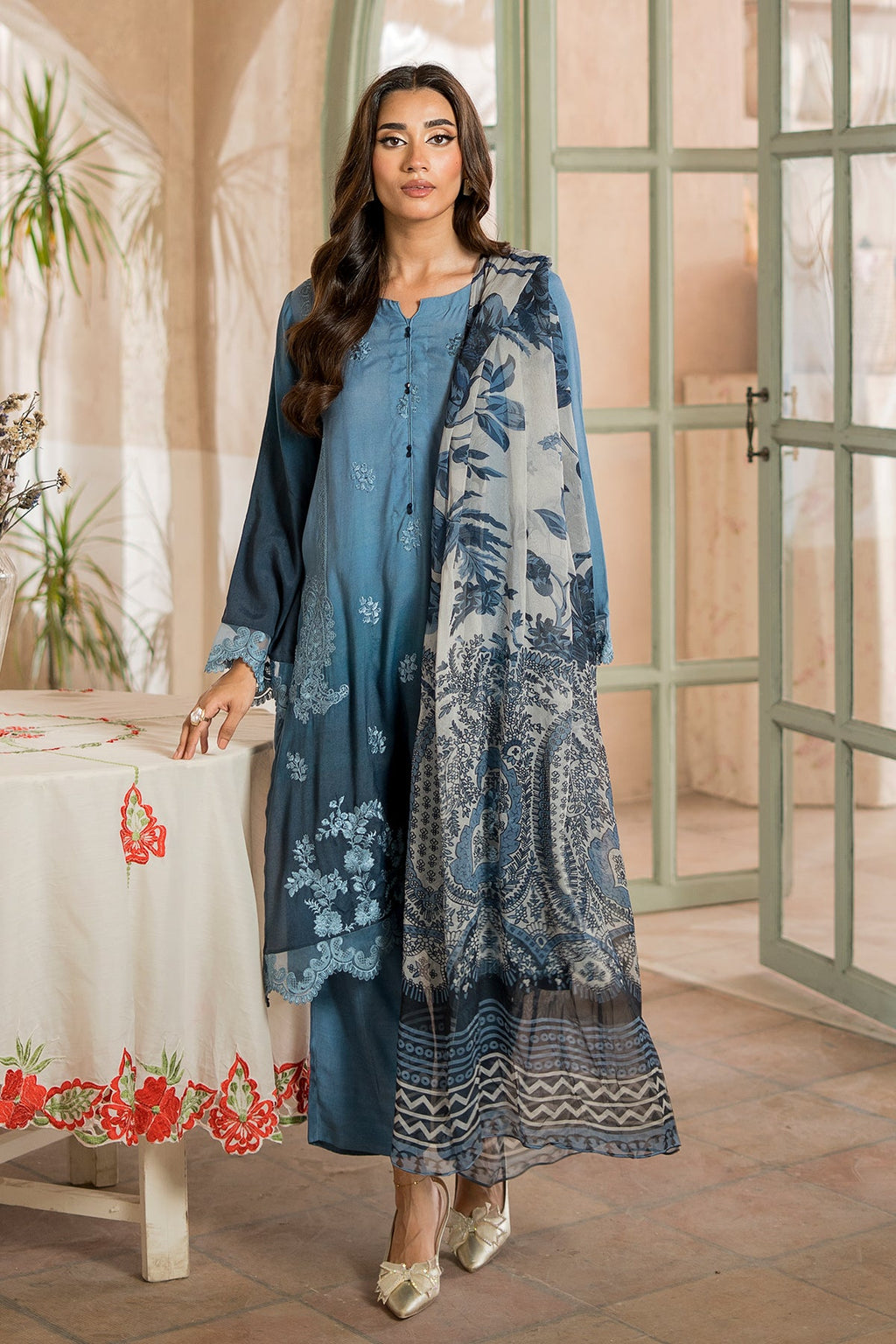 3-Pc Unstitched Embroidered Silk Suit ASE5-18