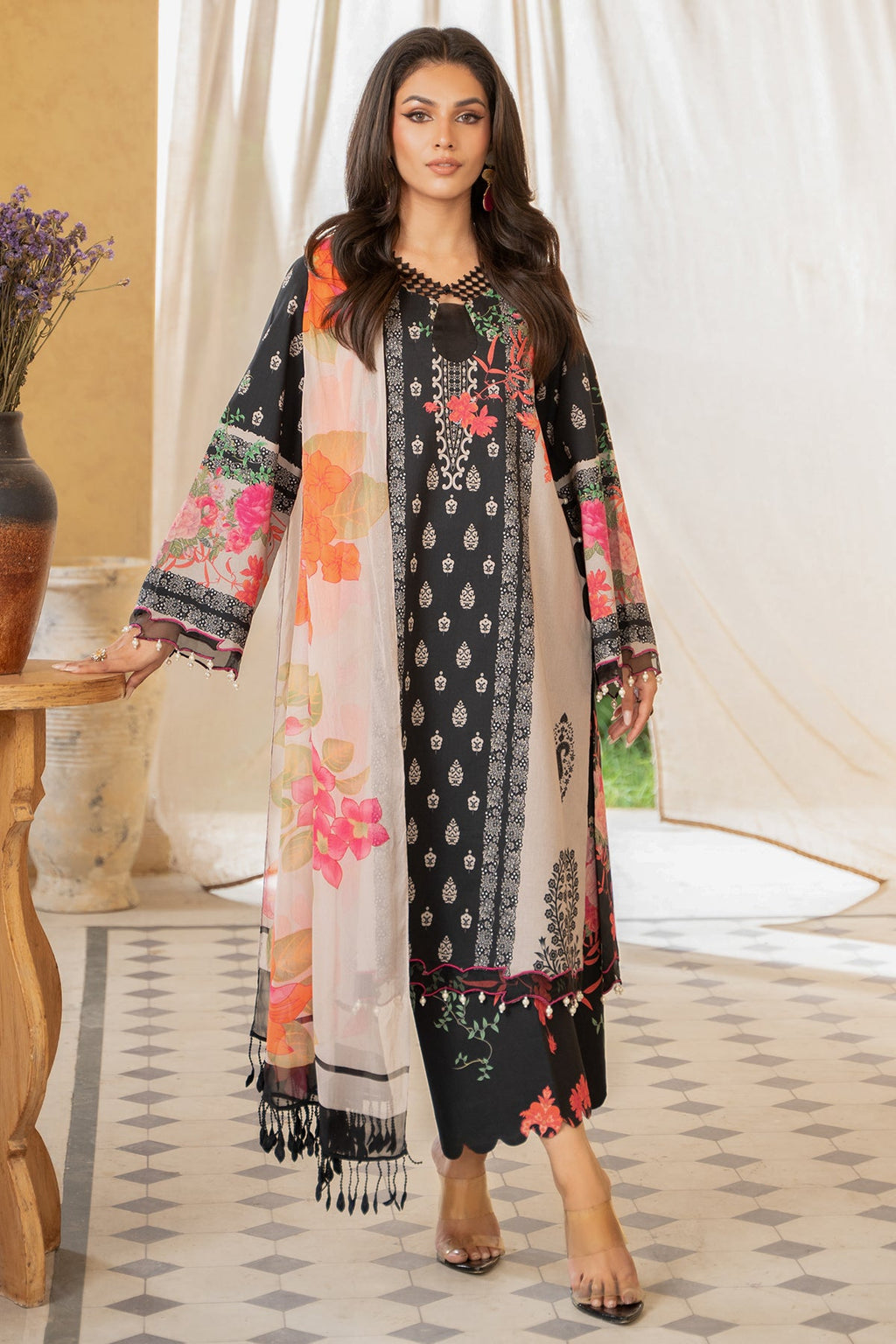 3-PC Printed Lawn Shirt with Printed Chiffon Dupatta and Trouser AS4-49