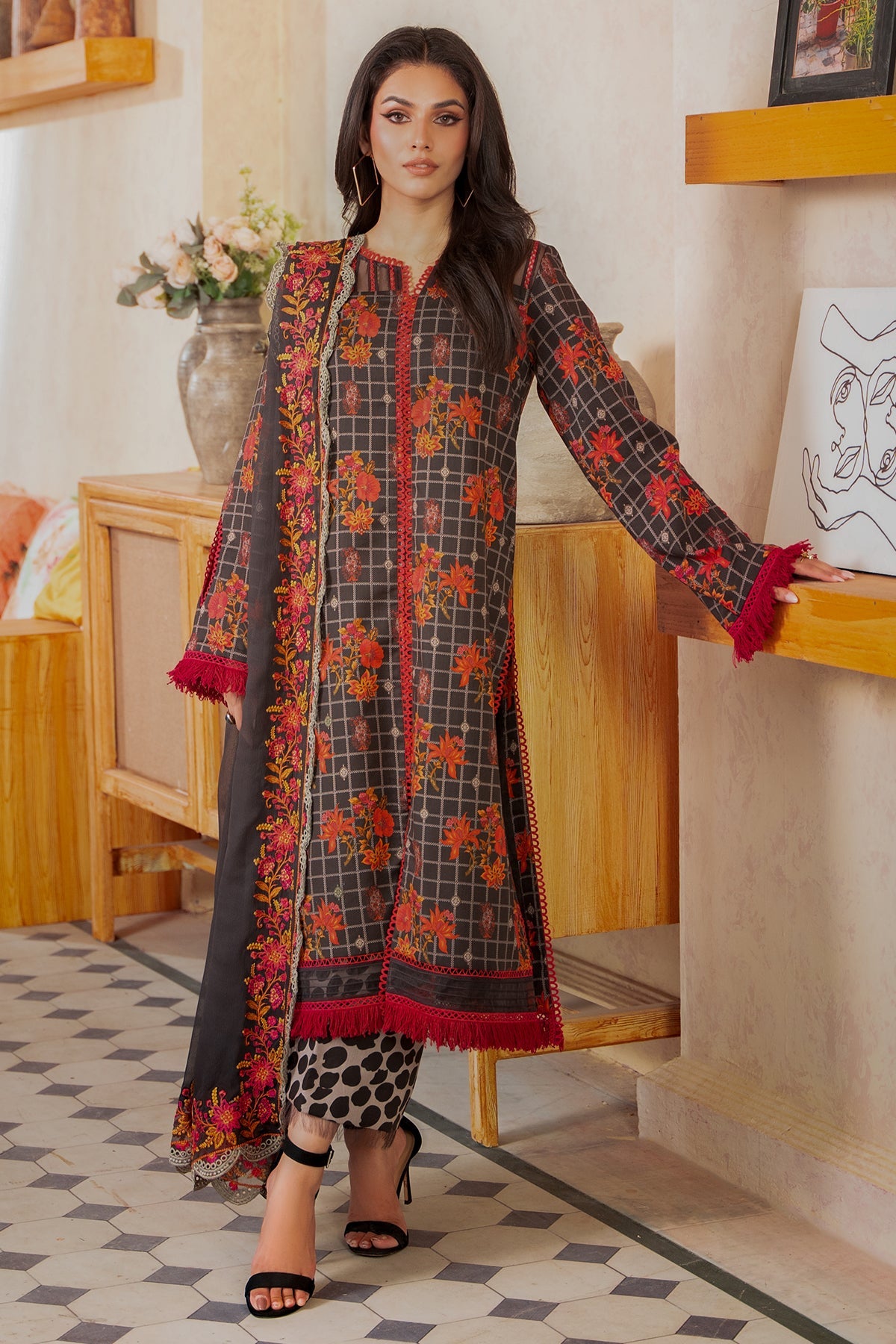 3-PC Printed Lawn Shirt with Embroidered Chiffon Dupatta and Trouser AS4-38