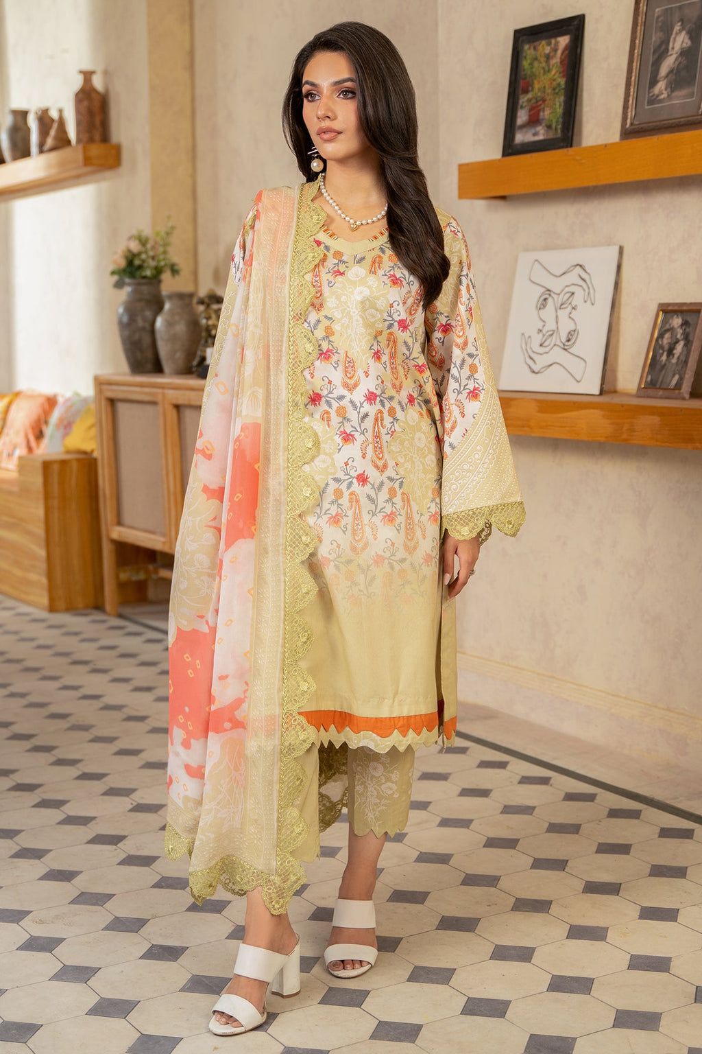 3-PC Unstitched Printed Lawn Shirt with Embroidered Chiffon Dupatta and Trouser AS4-33