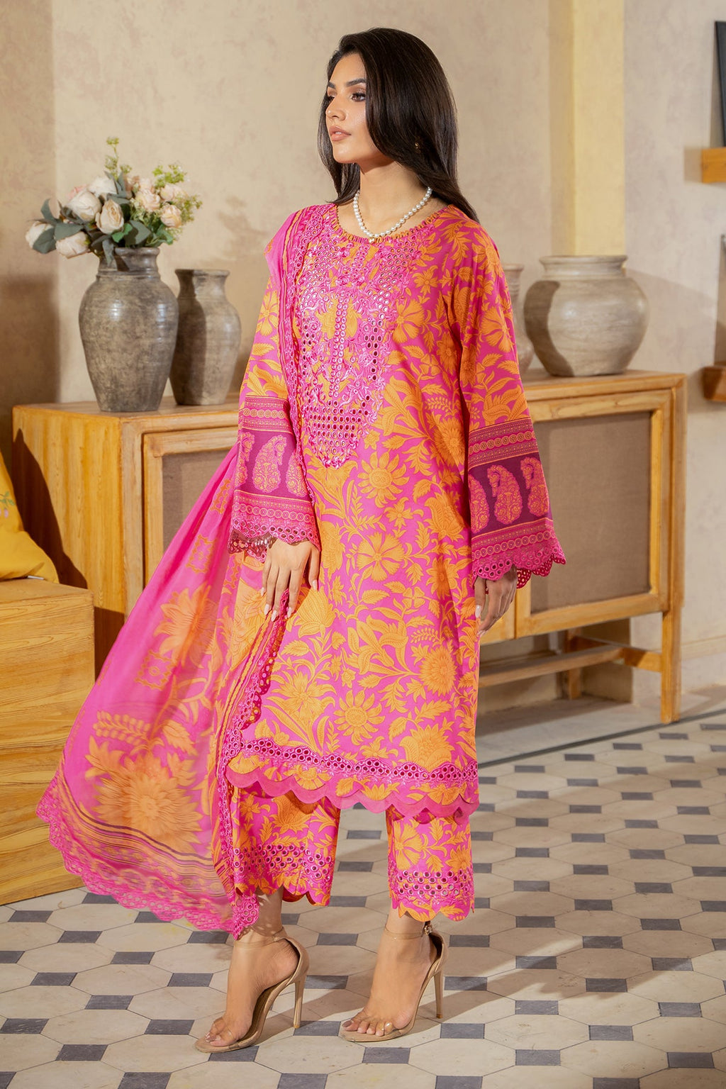 3-PC Unstitched Embroidered Lawn Shirt with Embroidered Chiffon Dupatta and Trouser AS4-36