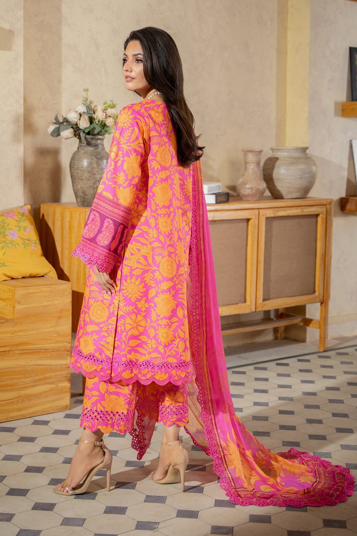 3-PC Unstitched Embroidered Lawn Shirt with Embroidered Chiffon Dupatta and Trouser AS4-36