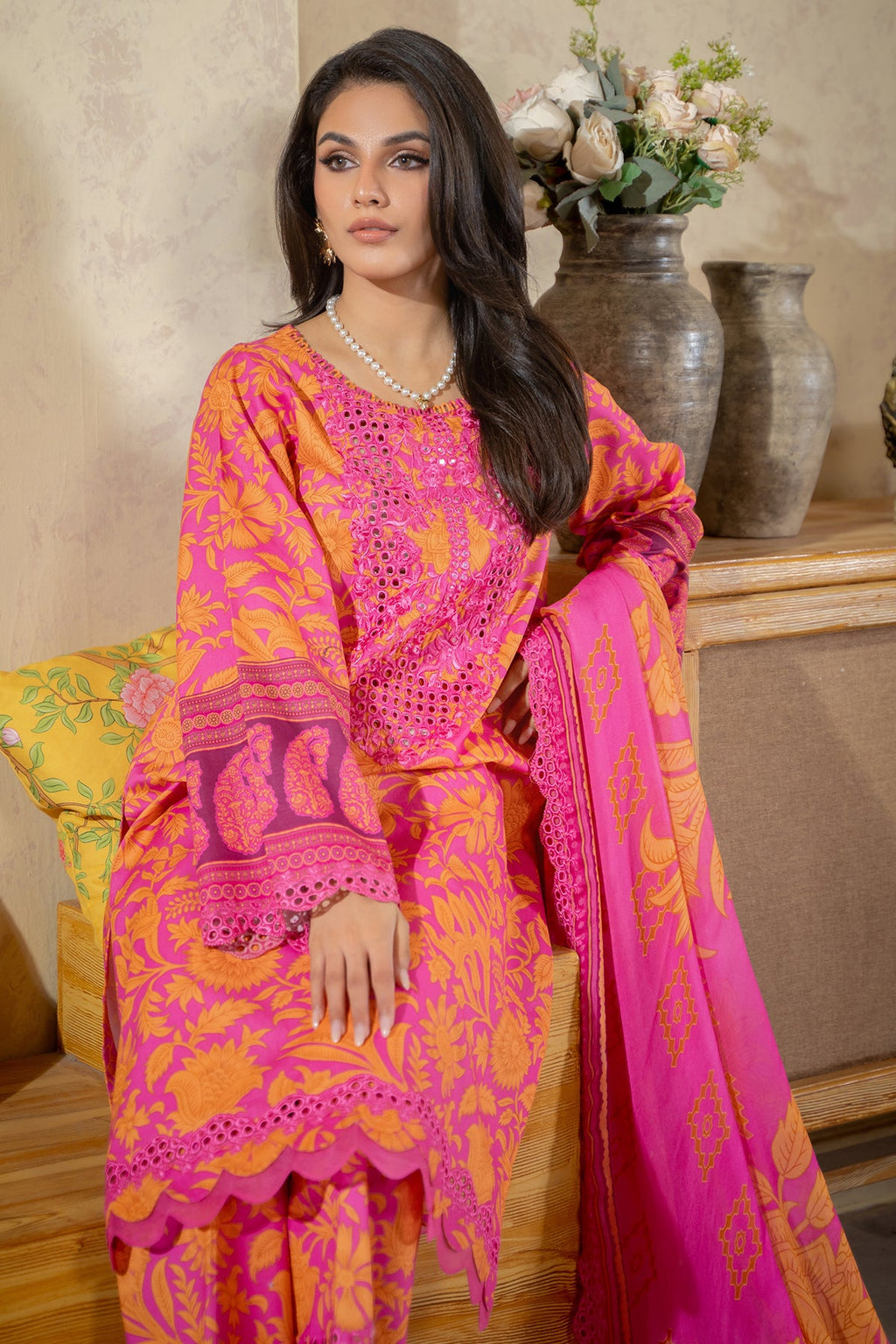 3-PC Unstitched Embroidered Lawn Shirt with Embroidered Chiffon Dupatta and Trouser AS4-36