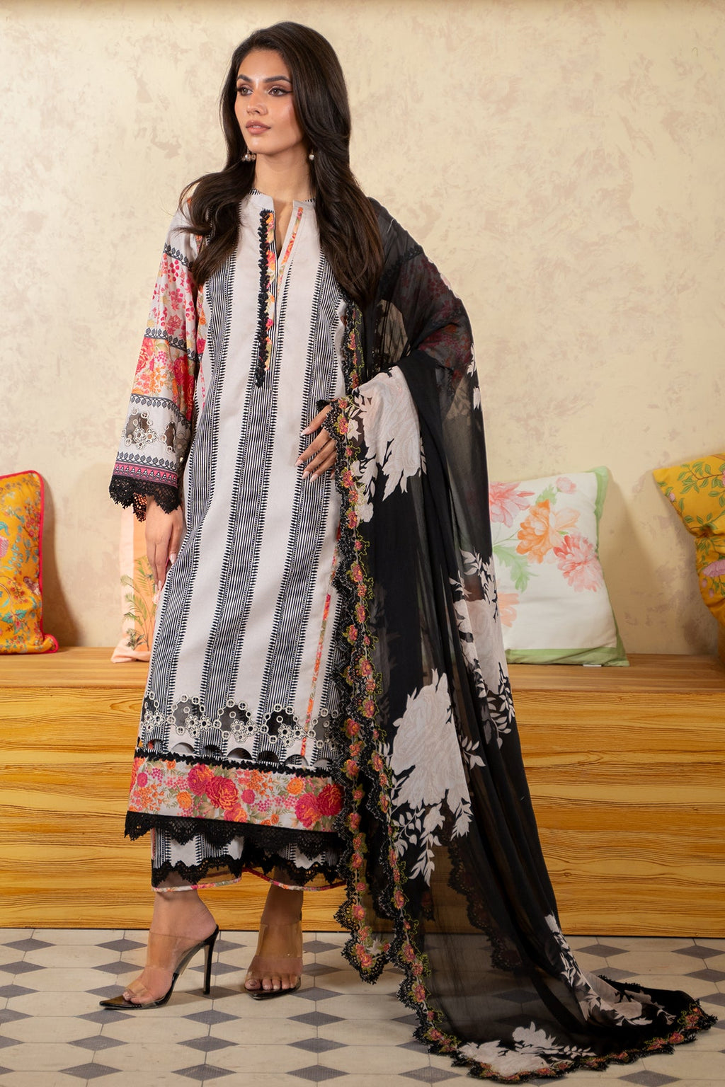 3-PC Unstitched Embroidered Lawn Shirt with Embroidered Chiffon Dupatta and Trouser AS4-35