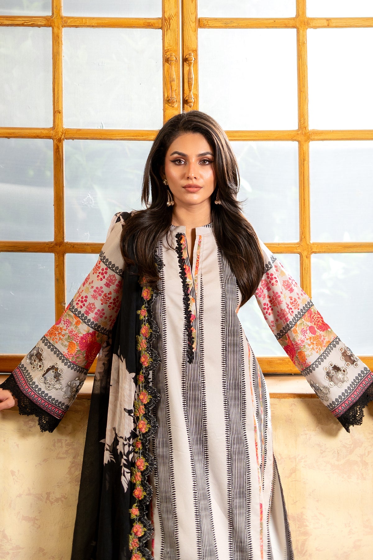 3-PC Unstitched Embroidered Lawn Shirt with Embroidered Chiffon Dupatta and Trouser AS4-35