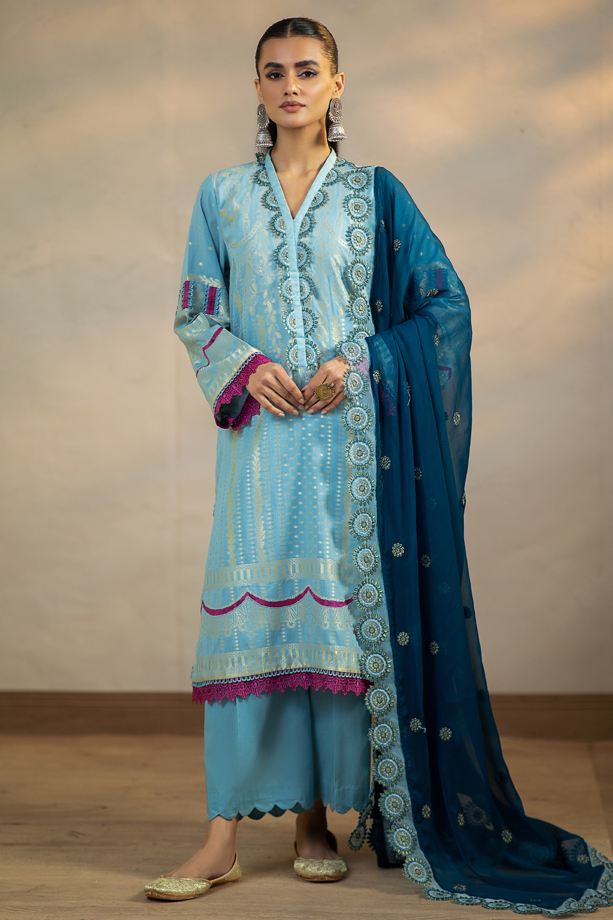 3 Pc Unstitched Embroidered Cambric Jacquard with Embroidered Chiffon Dupatta CJ4-07