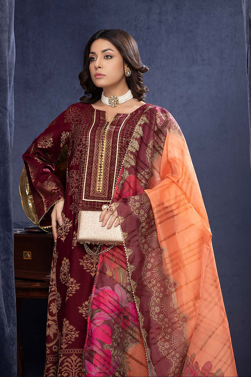 3-Pc RTW Broshia Jecquard Shirt With Zaari Dupatta and Linen Qlot Trouser CPG22-94