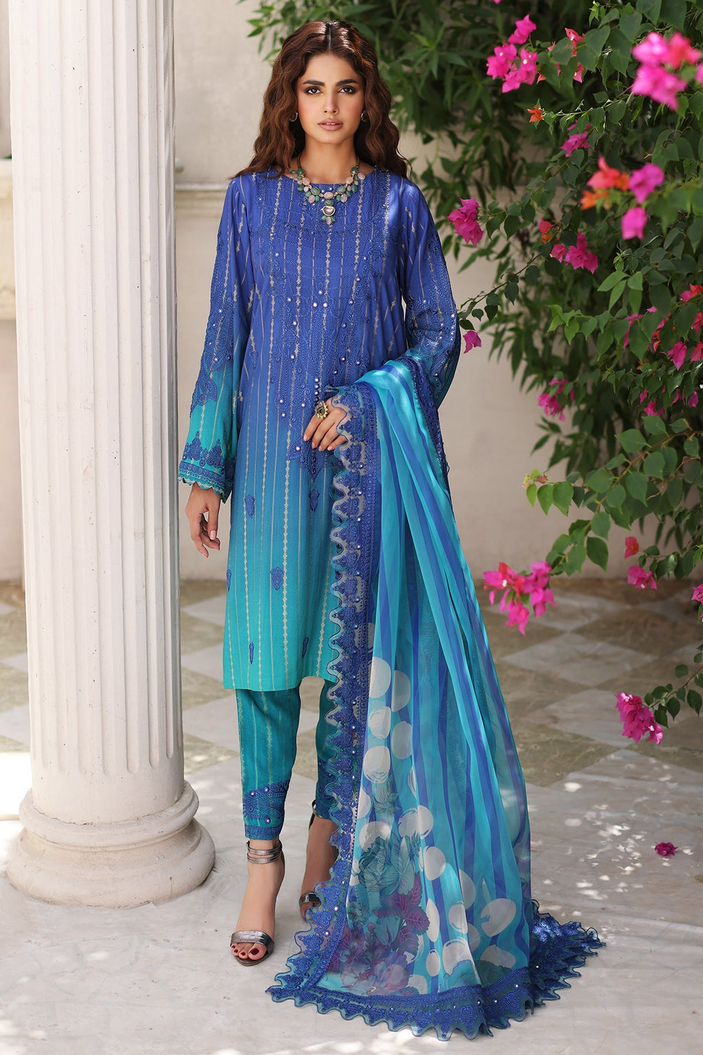 3-Pc Charizma Unstitched Embroidered Jacquard  With Embroidered Dupatta CRW-03