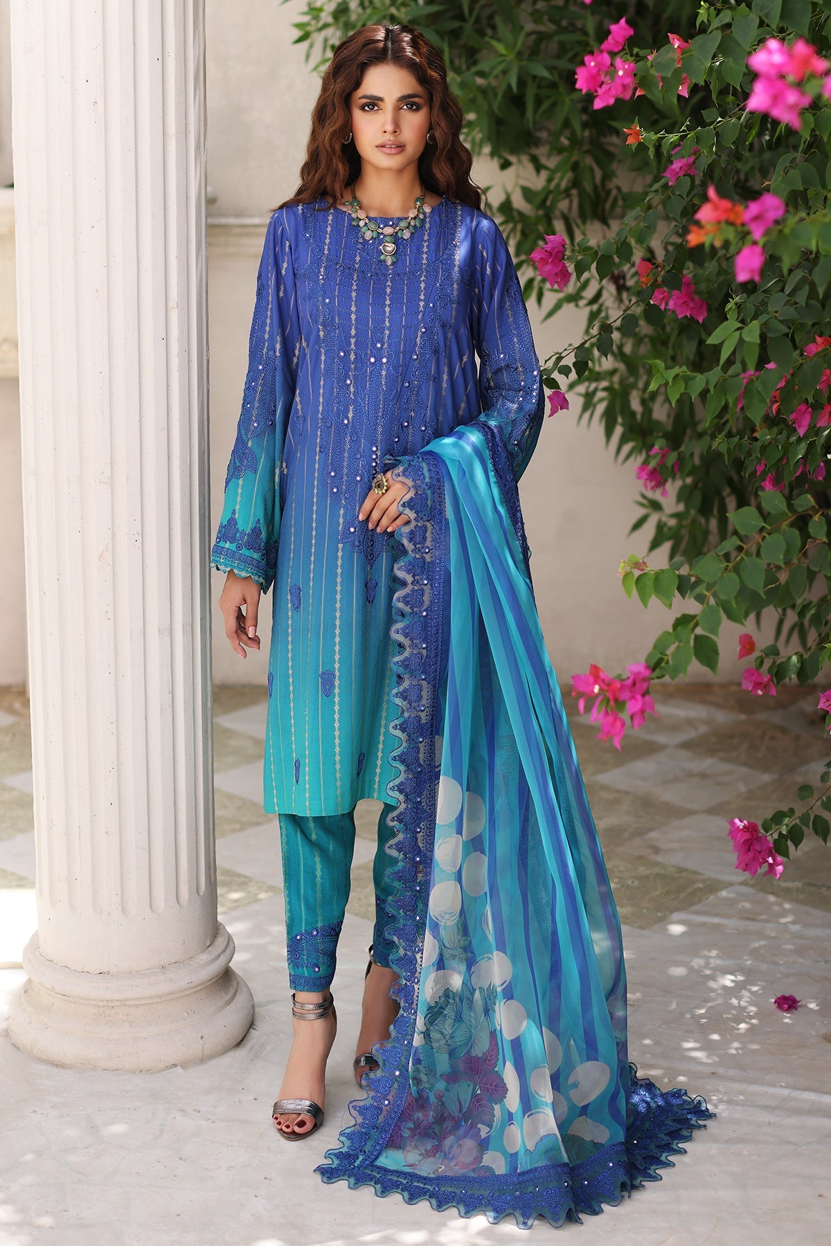 3-Pc Charizma Unstitched Embroidered Jacquard  With Embroidered Dupatta CRW-03