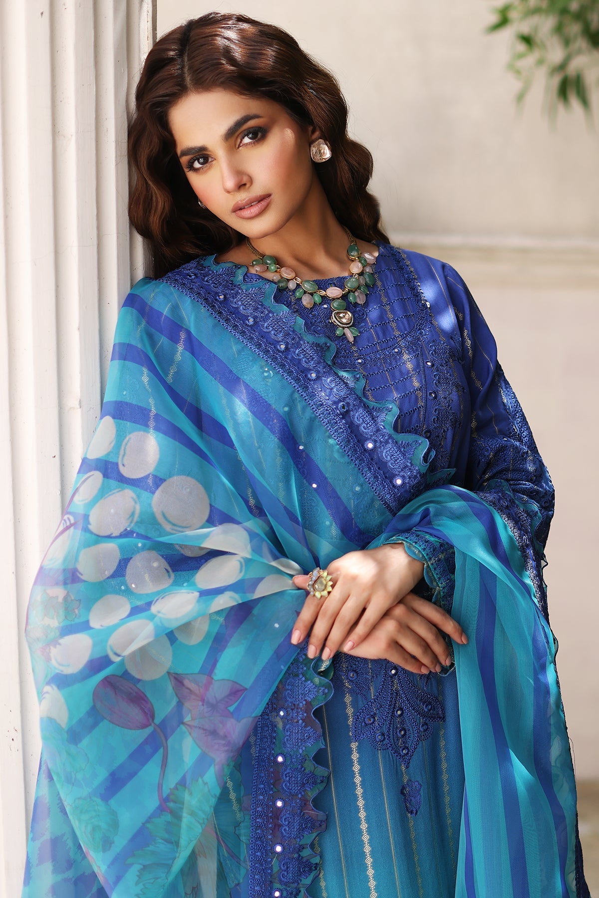 3-Pc Charizma Unstitched Embroidered Jacquard  With Embroidered Dupatta CRW-03