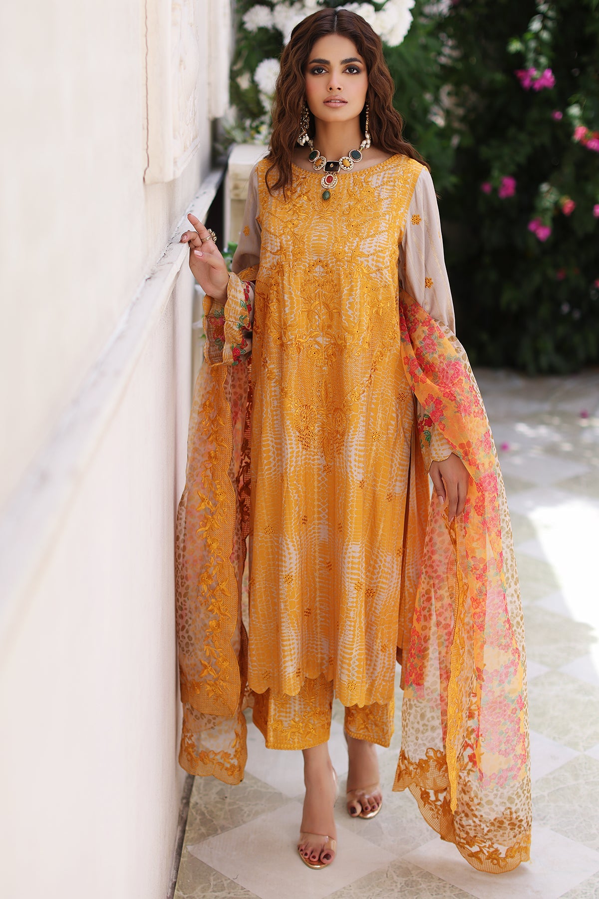 3-Pc Charizma Unstitched Embroidered Jacquard  With Embroidered Dupatta CRW-08