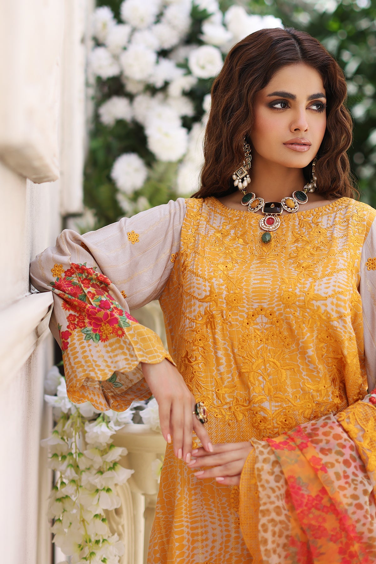 3-Pc Charizma Unstitched Embroidered Jacquard  With Embroidered Dupatta CRW-08