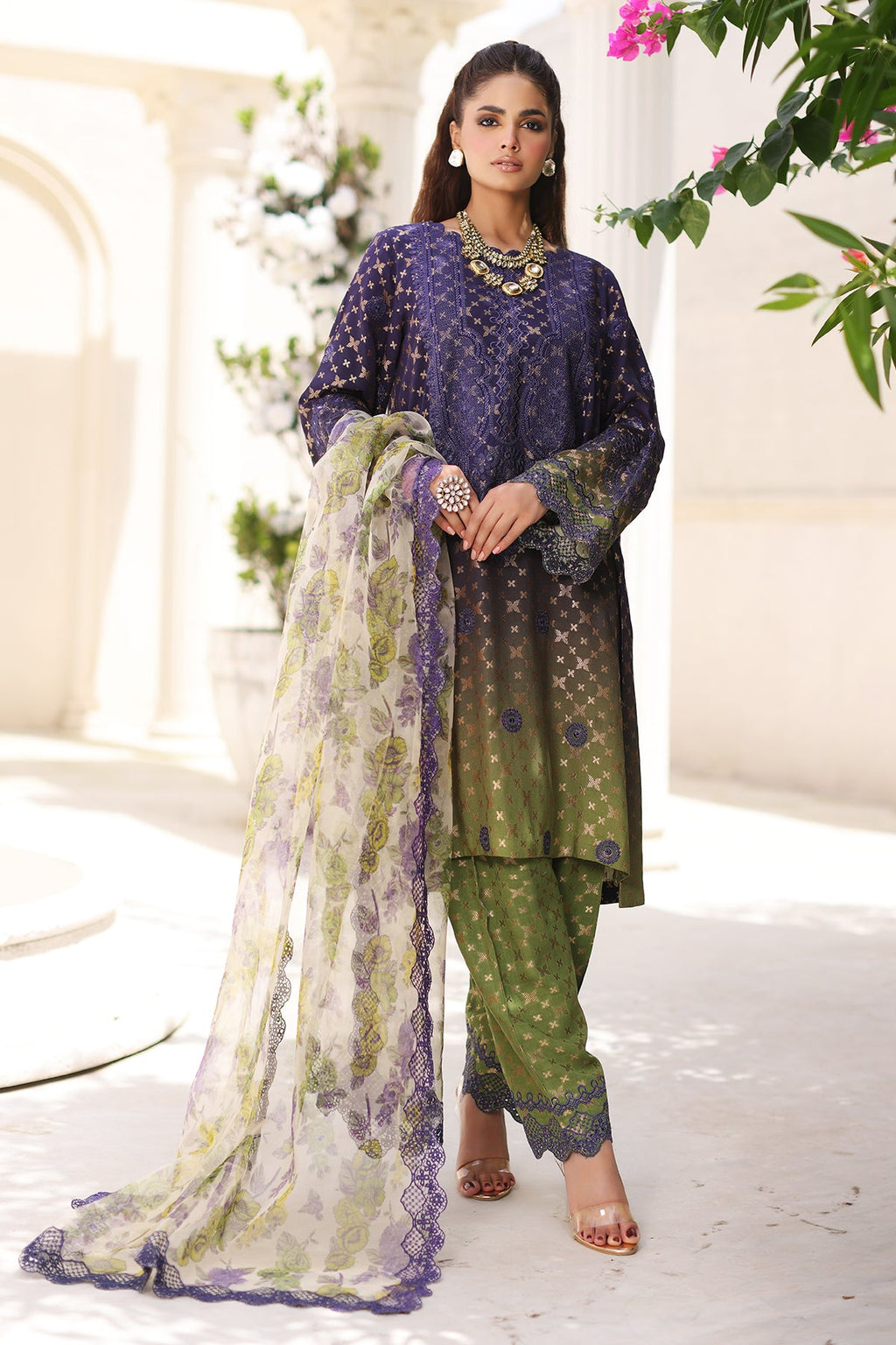 3-Pc Charizma Unstitched Embroidered Jacquard  With Embroidered Dupatta CRW-07