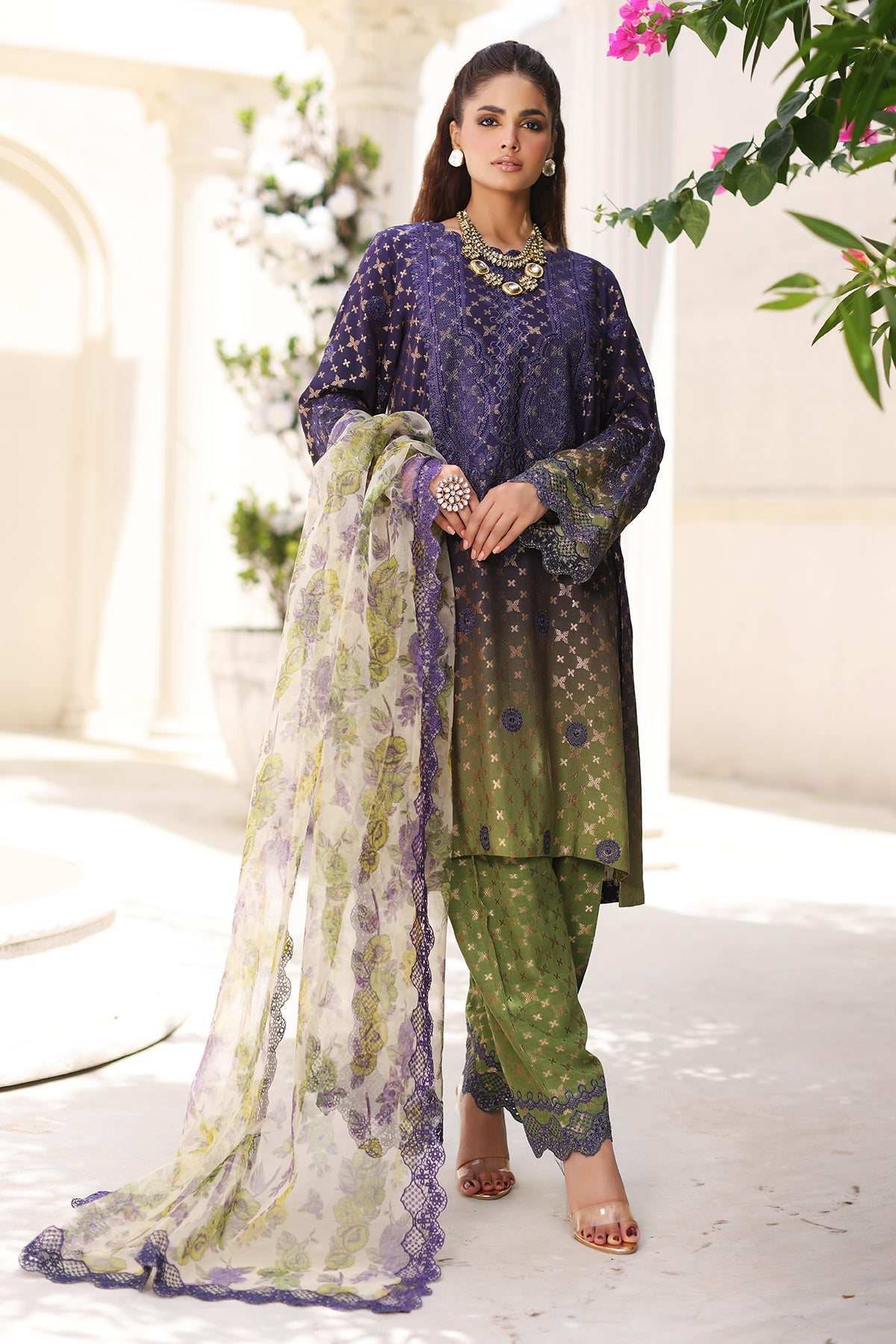 3-Pc Charizma Unstitched Embroidered Jacquard  With Embroidered Dupatta CRW-07