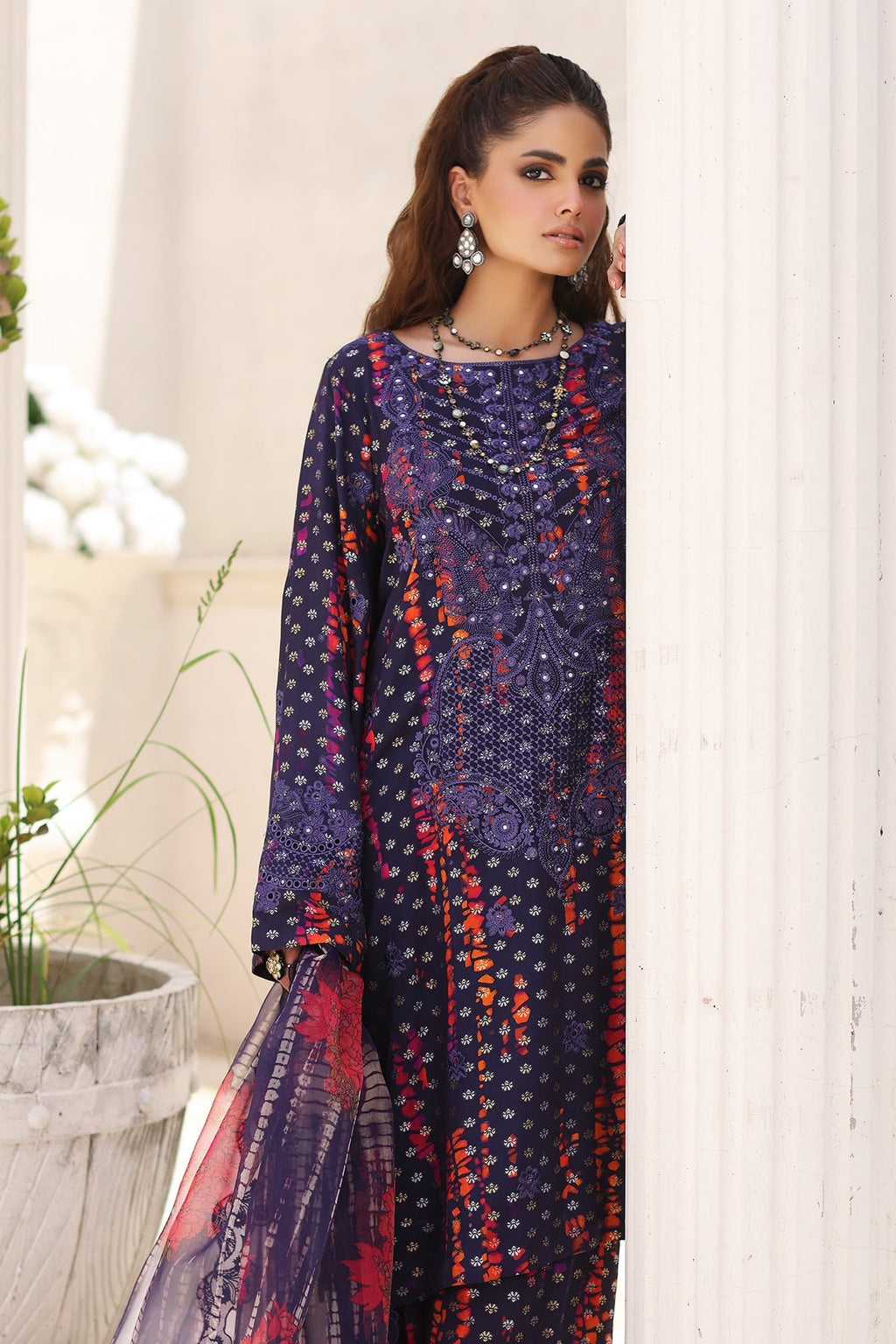3-Pc Charizma Unstitched Embroidered Jacquard  With Embroidered Dupatta CRW-05