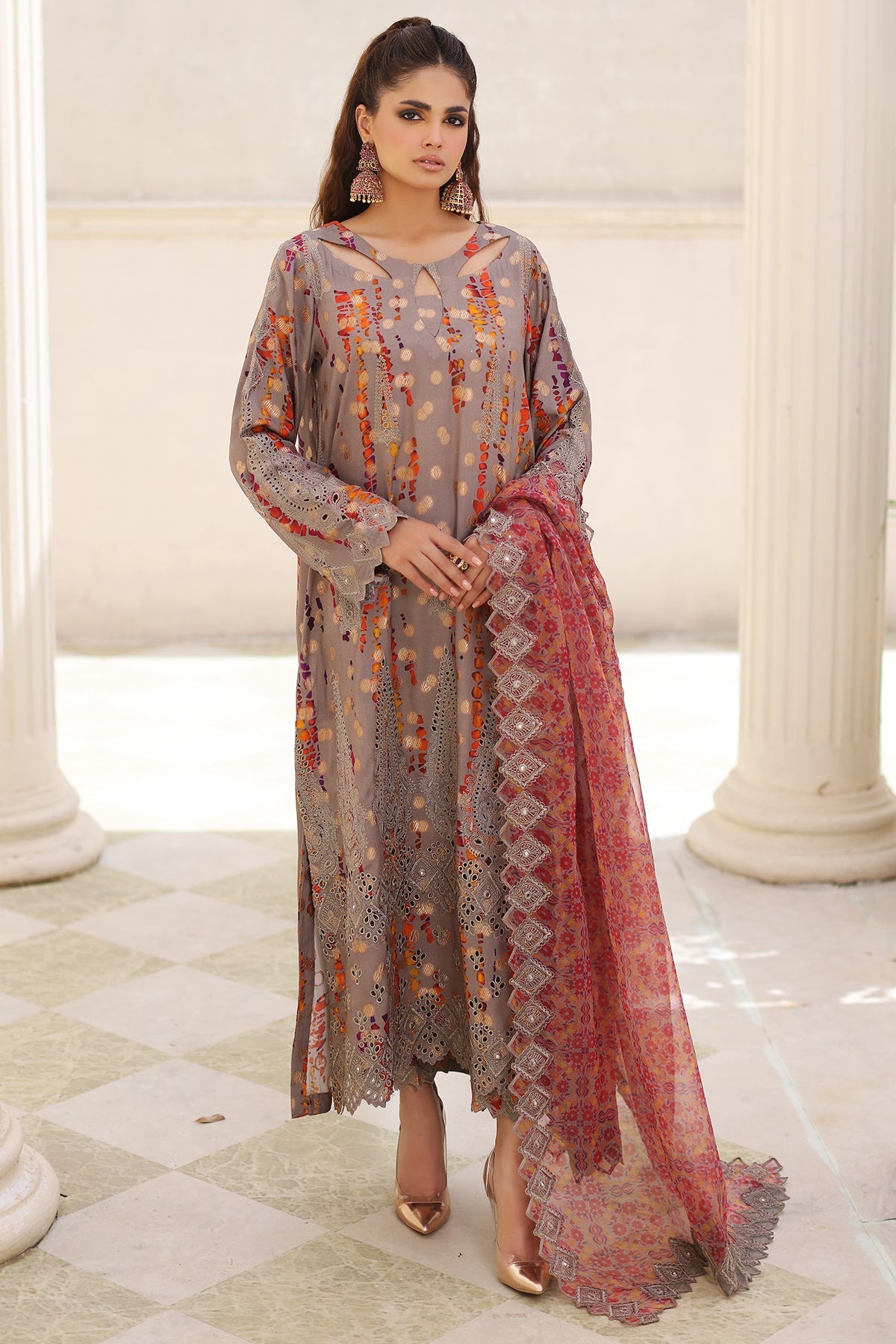 3-Pc Charizma Unstitched Embroidered Jacquard  With Embroidered Dupatta CRW-06