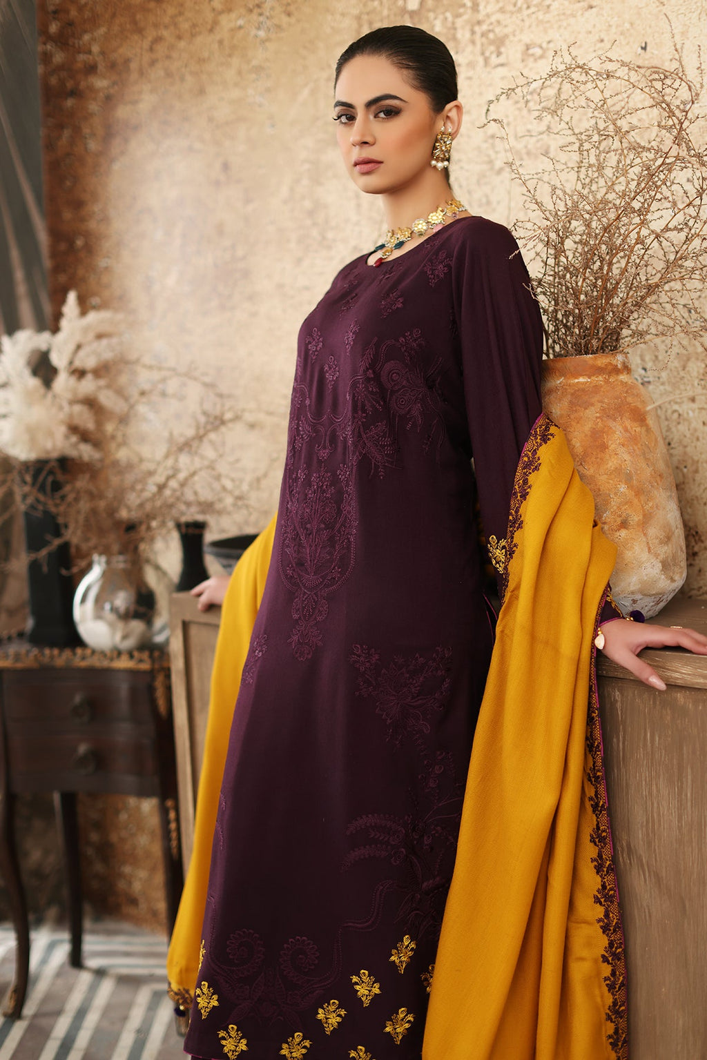 3-Pc Unstitched Embroidered leather with wool shawl CRW3-07