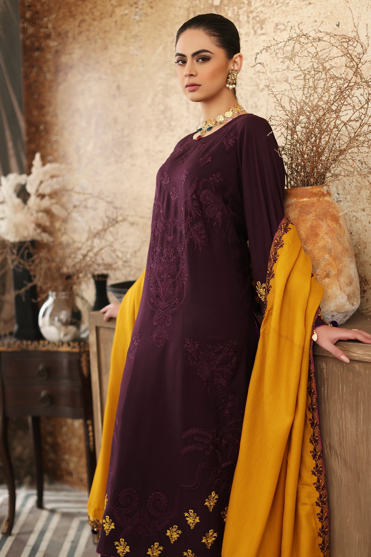 3-Pc Unstitched Embroidered leather with wool shawl CRW3-07