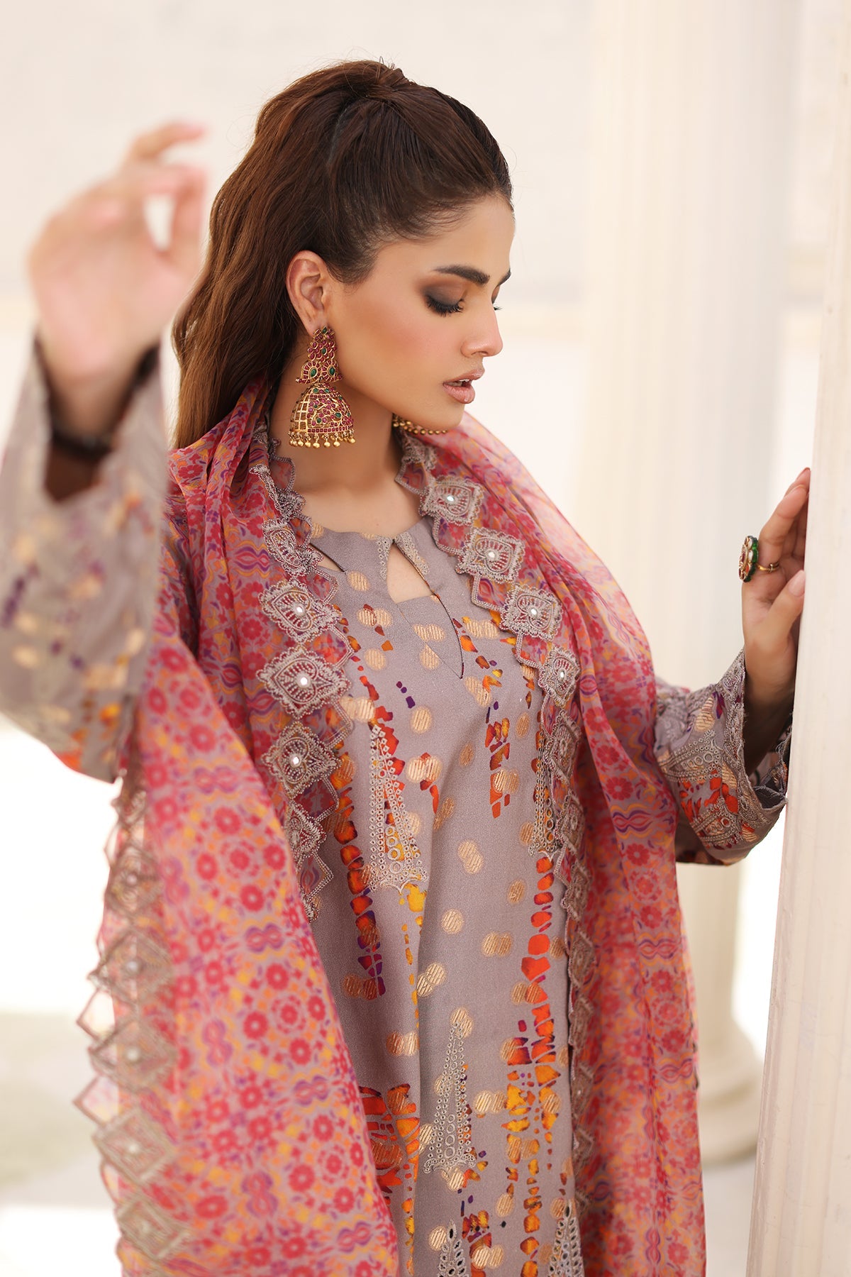 3-Pc Charizma Unstitched Embroidered Jacquard  With Embroidered Dupatta CRW-06