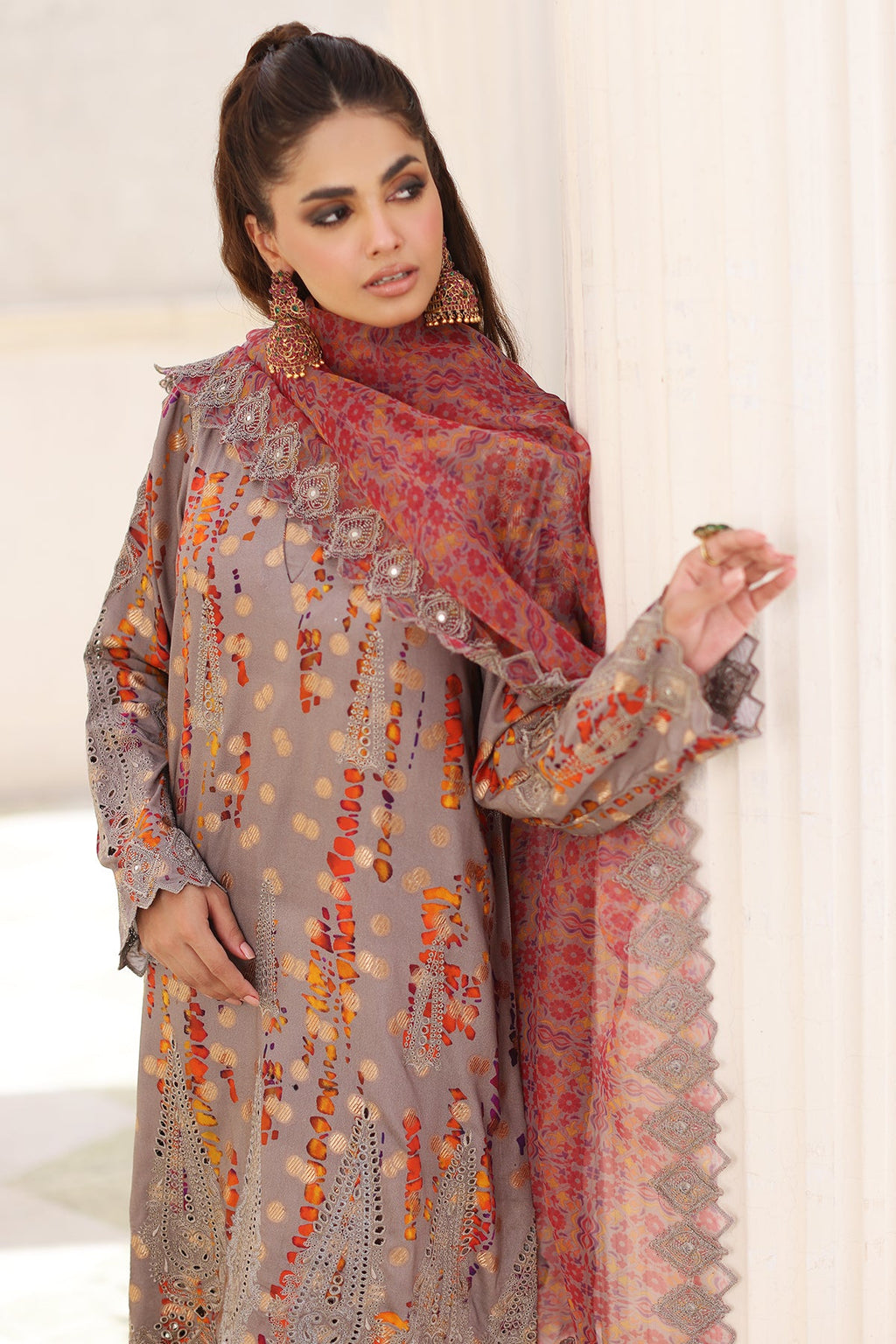 3-Pc Charizma Unstitched Embroidered Jacquard  With Embroidered Dupatta CRW-06