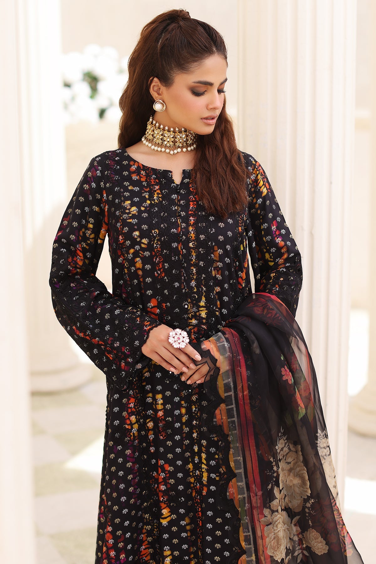 3-Pc Charizma Unstitched Embroidered Jacquard  With Embroidered Dupatta CRW-01