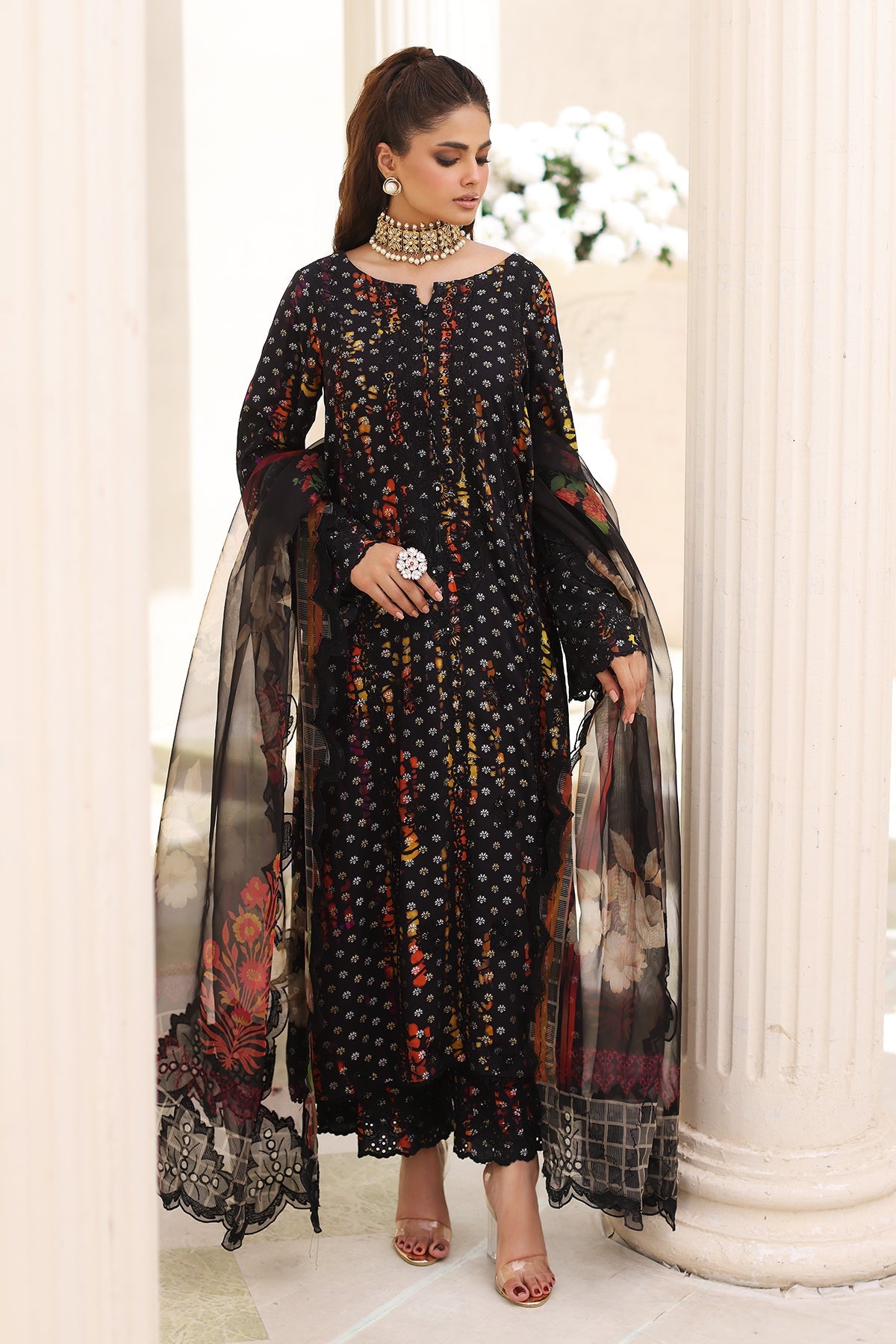 3-Pc Charizma Unstitched Embroidered Jacquard  With Embroidered Dupatta CRW-01