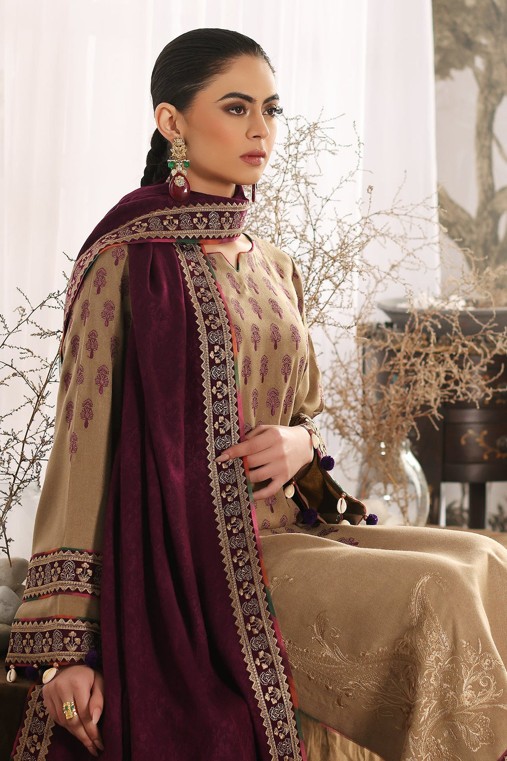 3-Pc Unstitched Embroidered leather with wool shawl CRW3-03