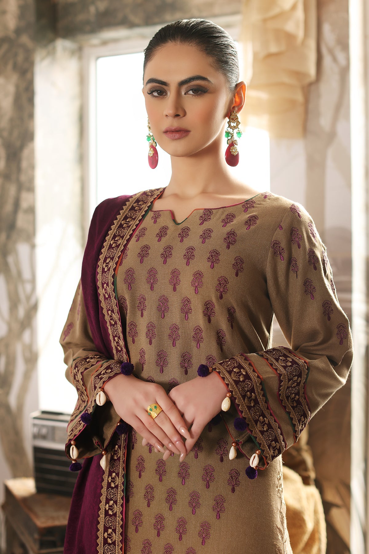 3-Pc Unstitched Embroidered leather with wool shawl CRW3-03