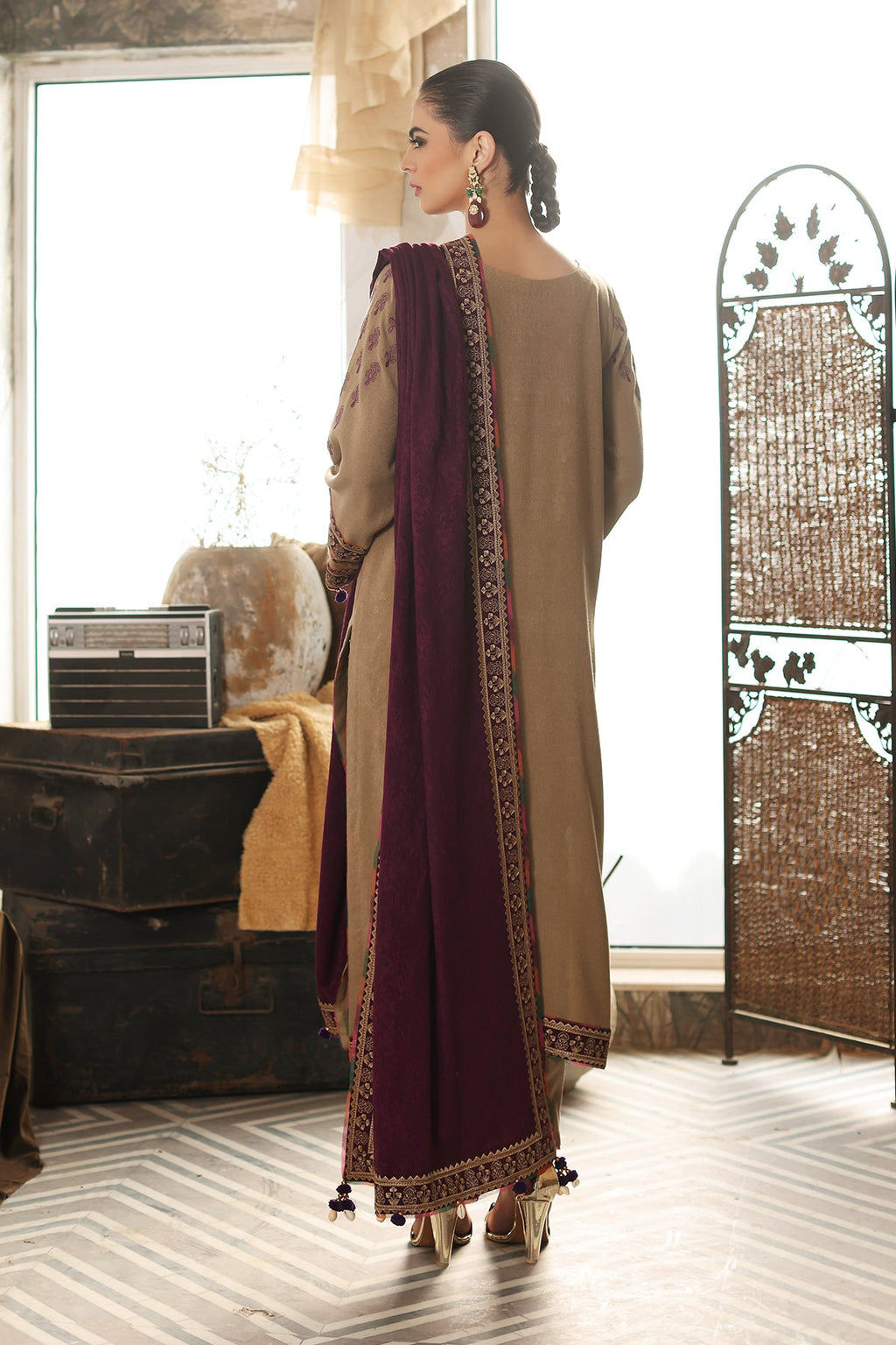 3-Pc Unstitched Embroidered leather with wool shawl CRW3-03