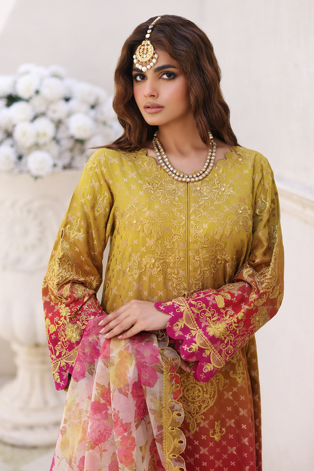 3-Pc Charizma Unstitched Embroidered Jacquard  With Embroidered Dupatta CRW-02